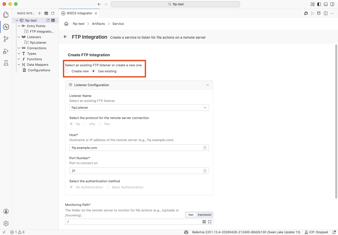 Create new vs Use existing radio selector, with Use existing selected by default
