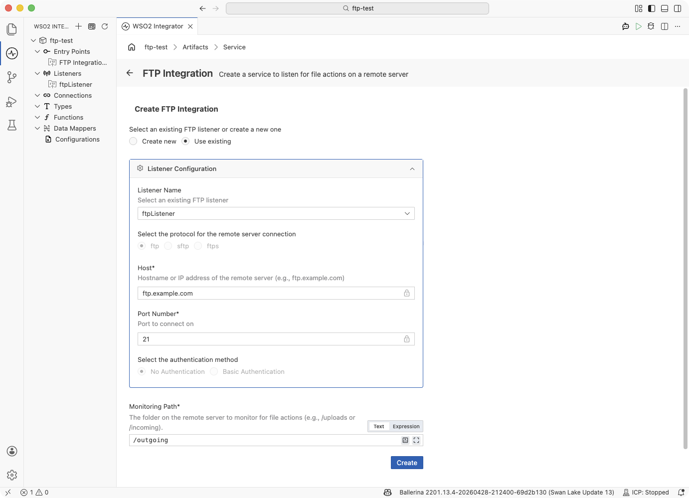Use existing listener — listener fields locked, Monitoring Path editable