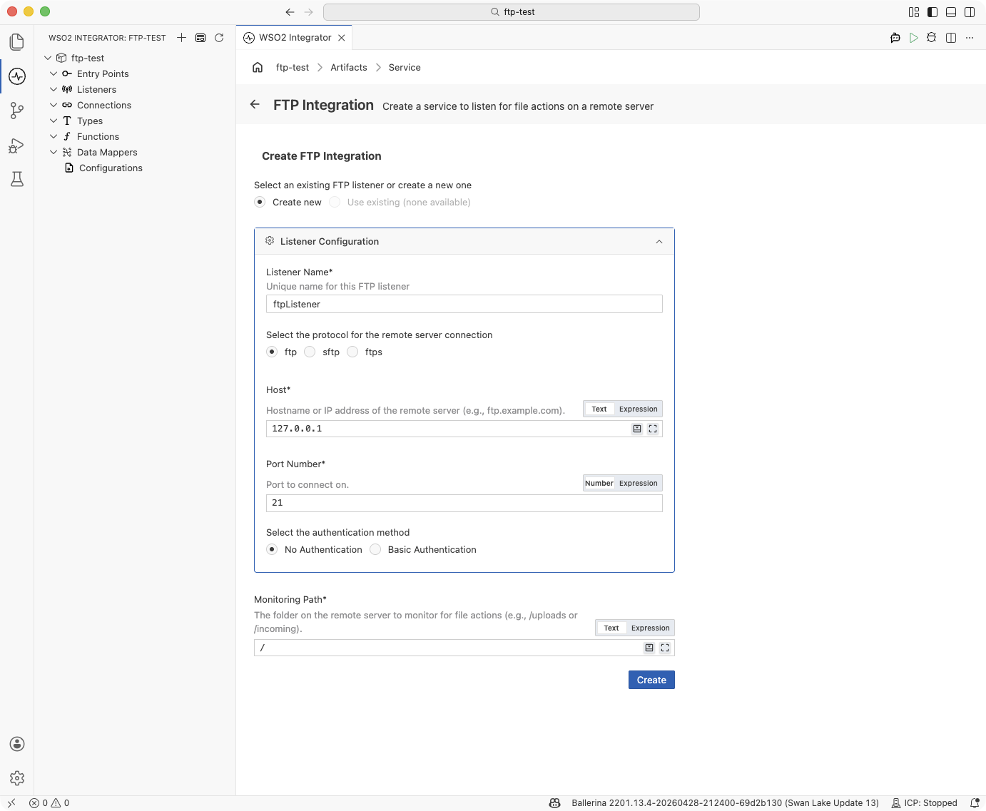 Create FTP Integration form, FTP protocol