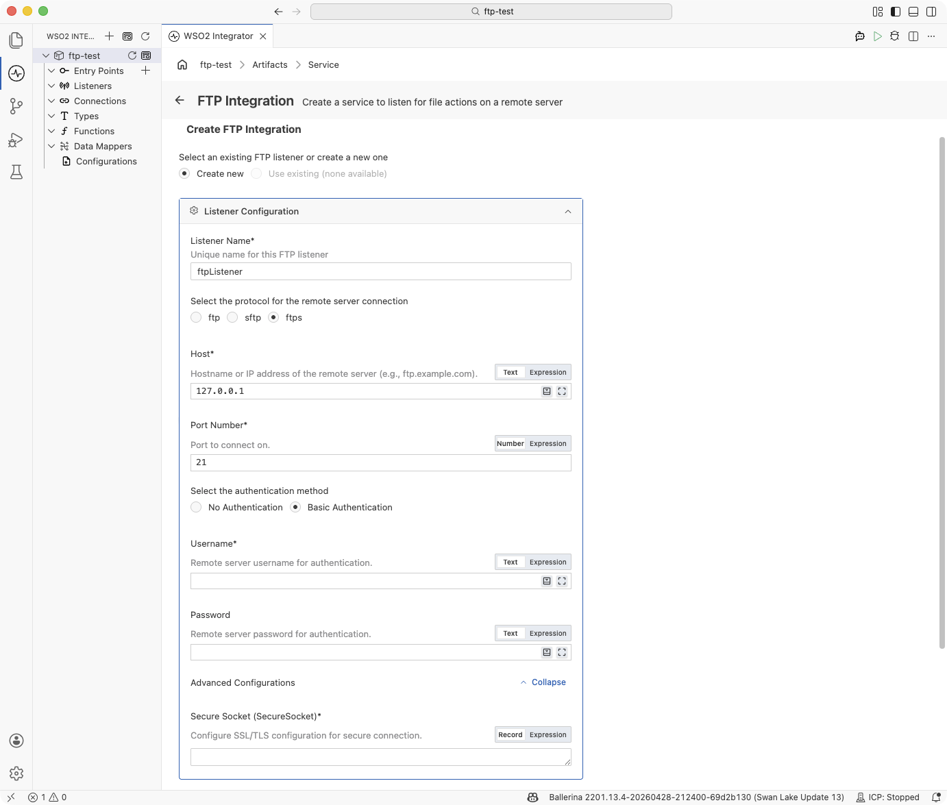 Create FTP Integration form, FTPS protocol