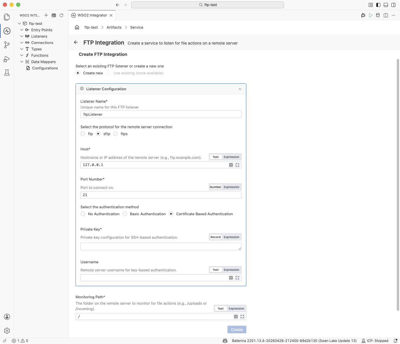 Create FTP Integration form, SFTP protocol