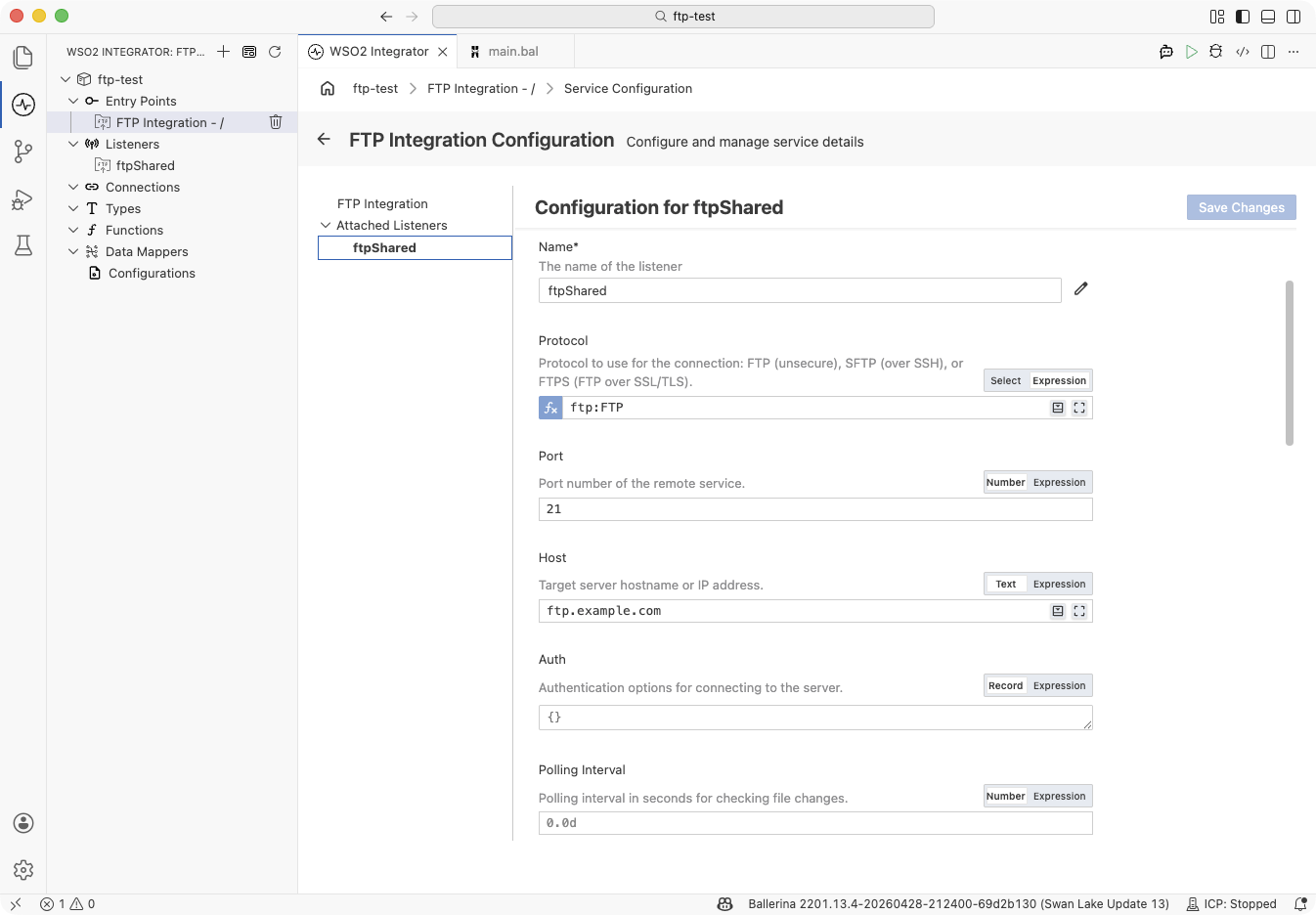 Service Configuration panel with Attached Listeners left navigation