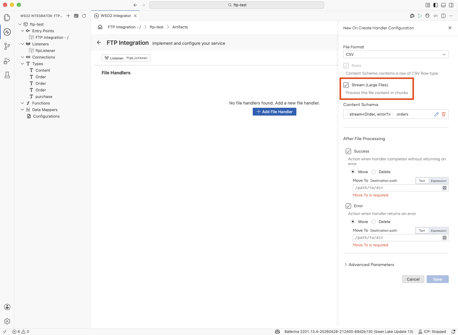Add File Handler form with Stream (Large Files) selected