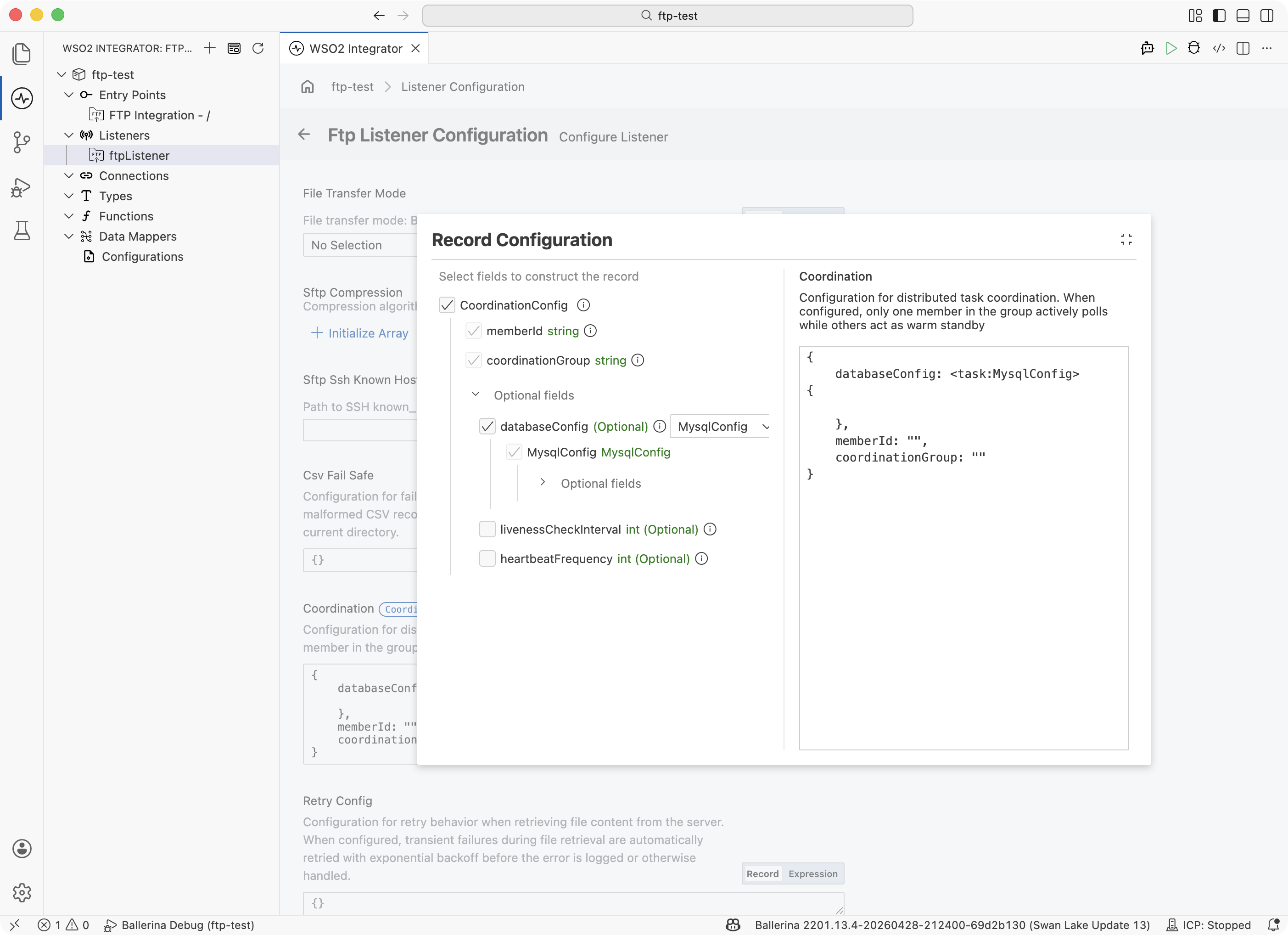 Coordination Record builder opened from the listener configuration panel