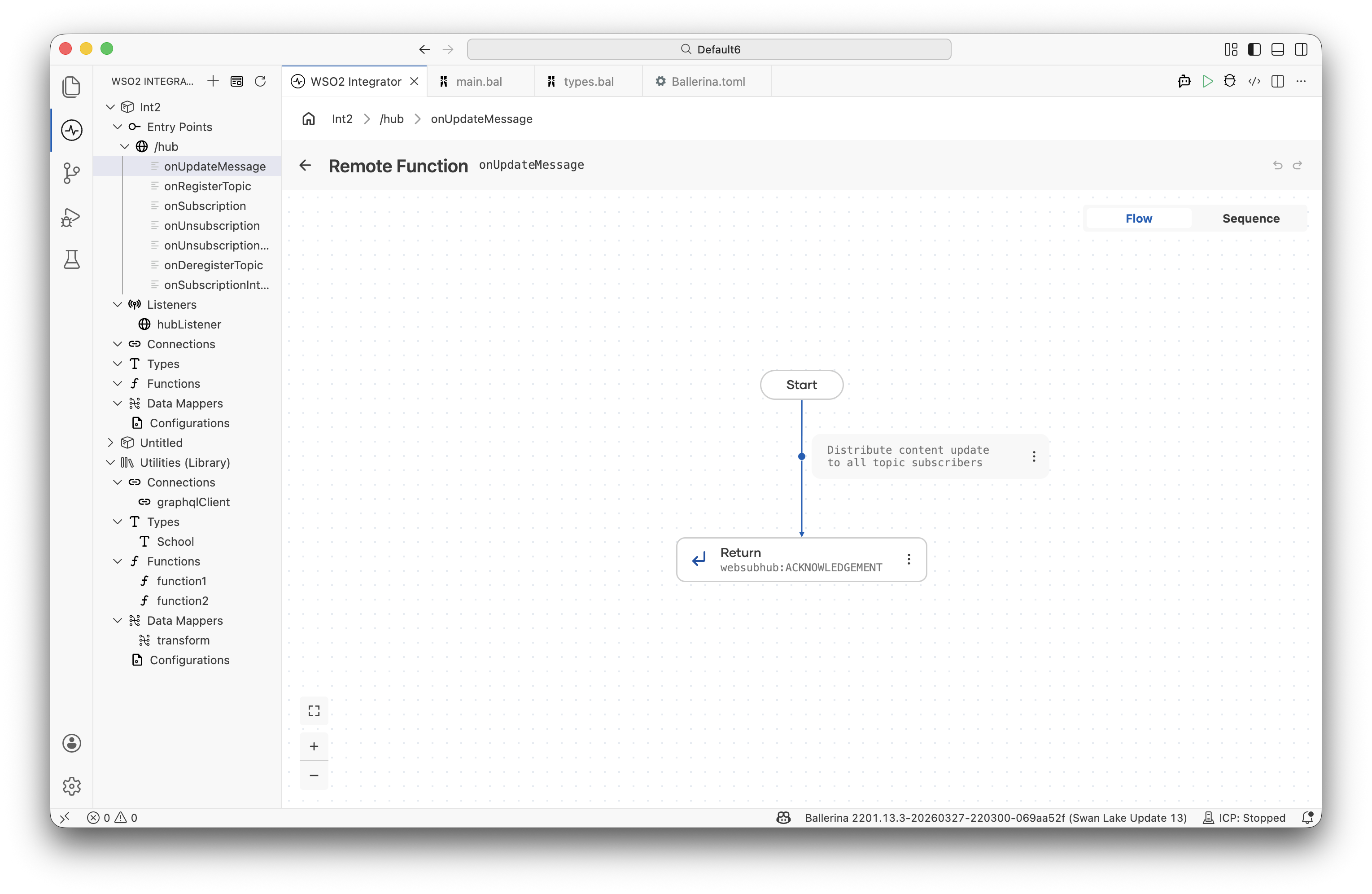 Flow designer for the onUpdateMessage remote function showing the Return step with websubhub:ACKNOWLEDGEMENT