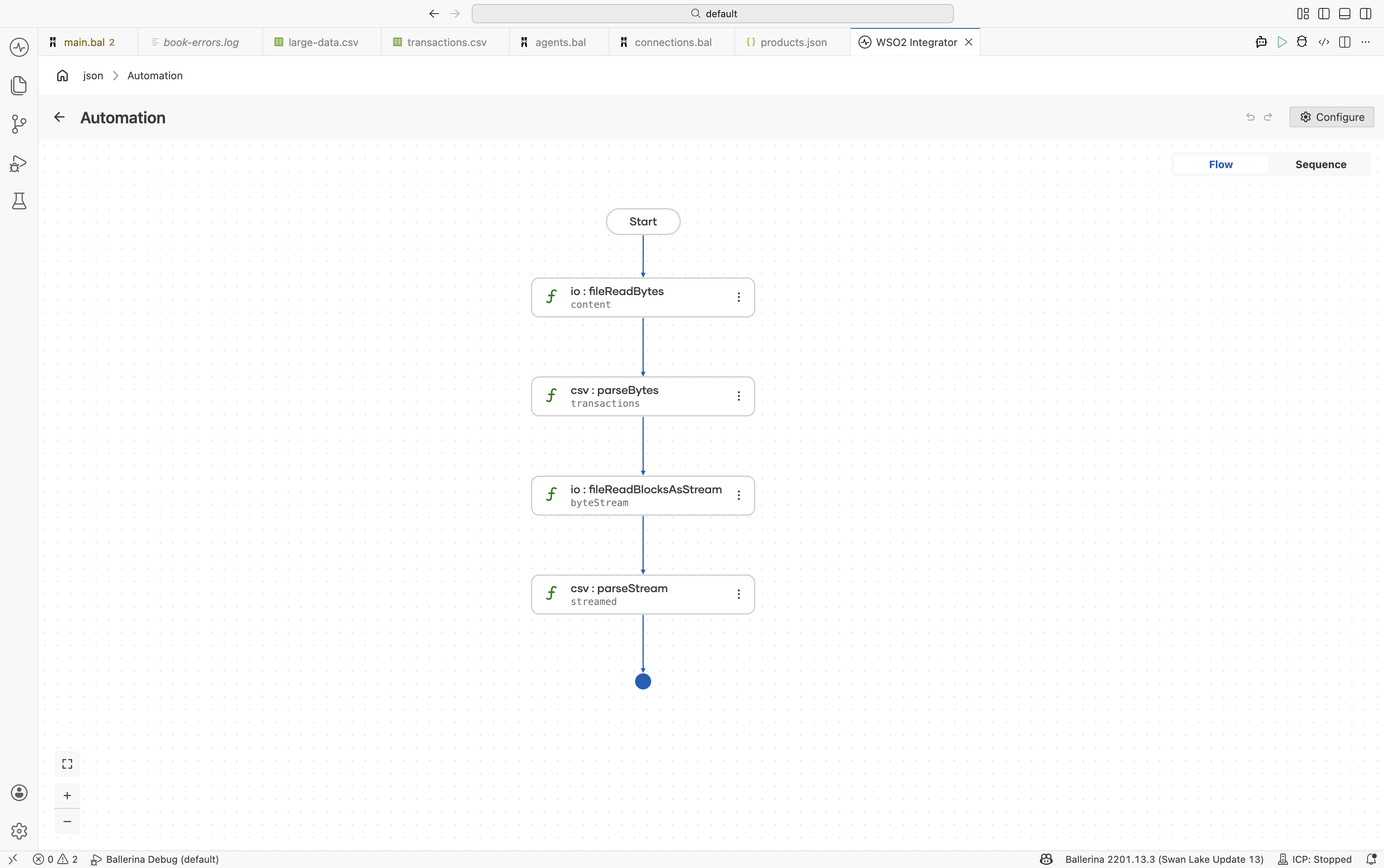 Flow designer showing file read and CSV parse steps