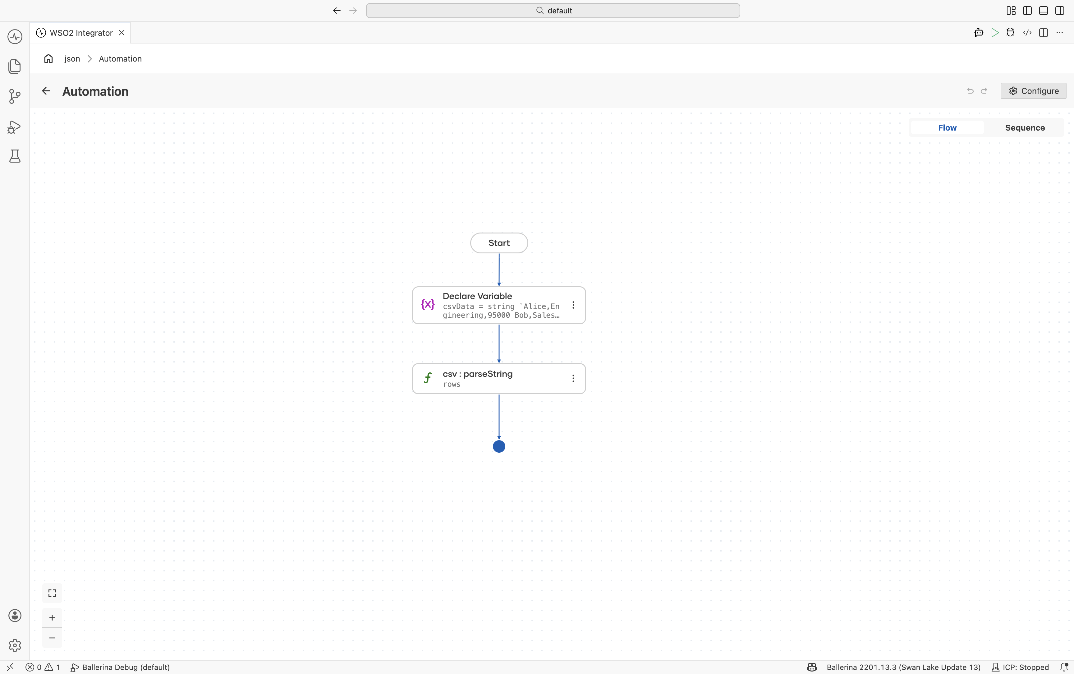 Flow designer showing headerless CSV parsing into string arrays
