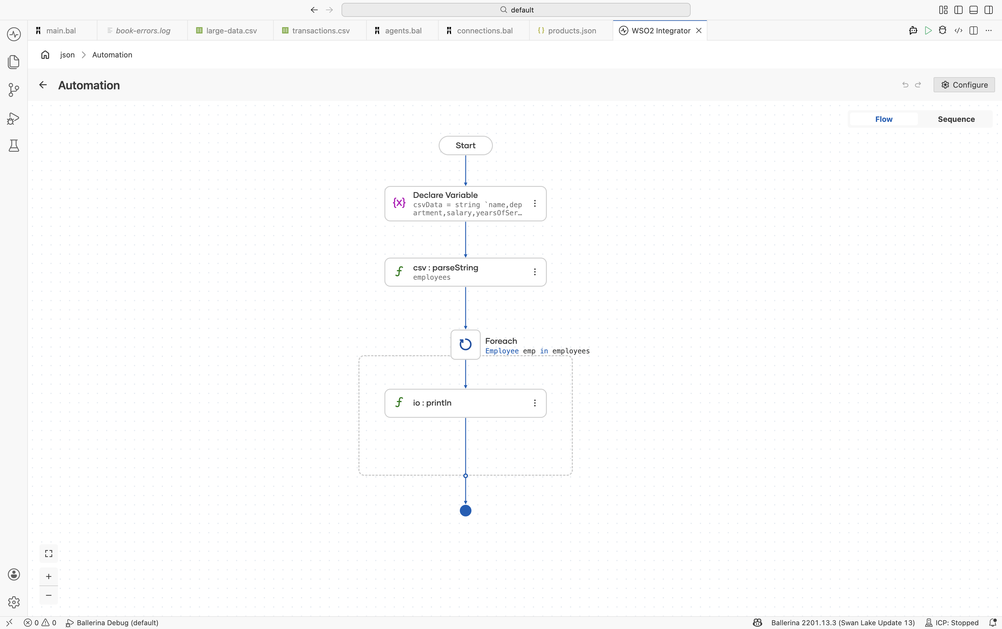 Flow designer showing CSV parsing variable and foreach loop
