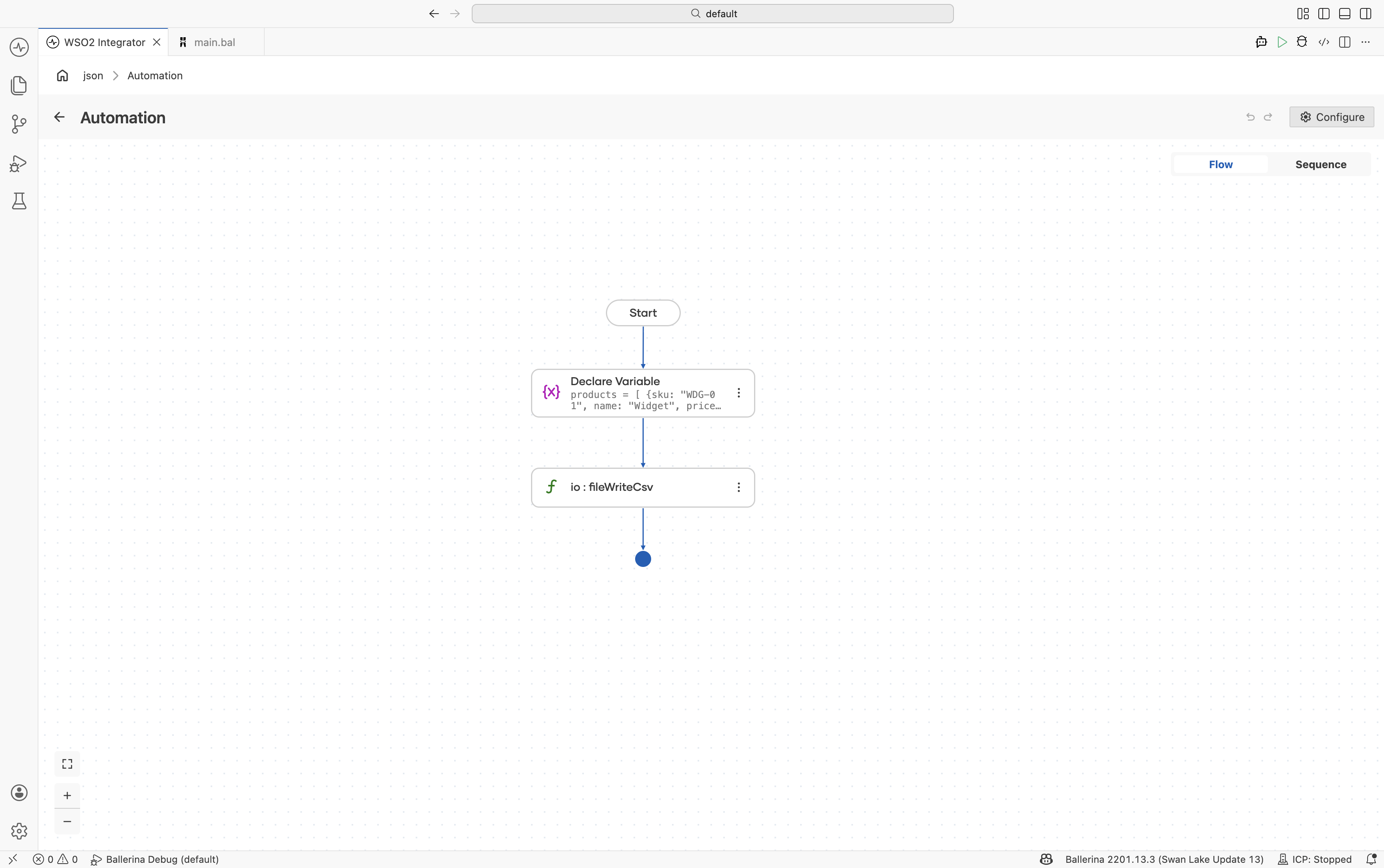 Flow designer showing CSV transform and file write steps