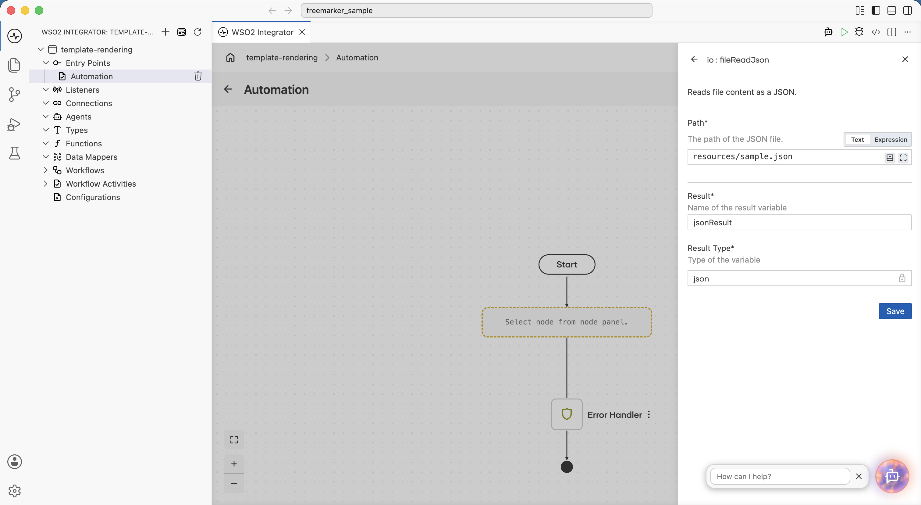 The fileReadJson function call step reading sample.json