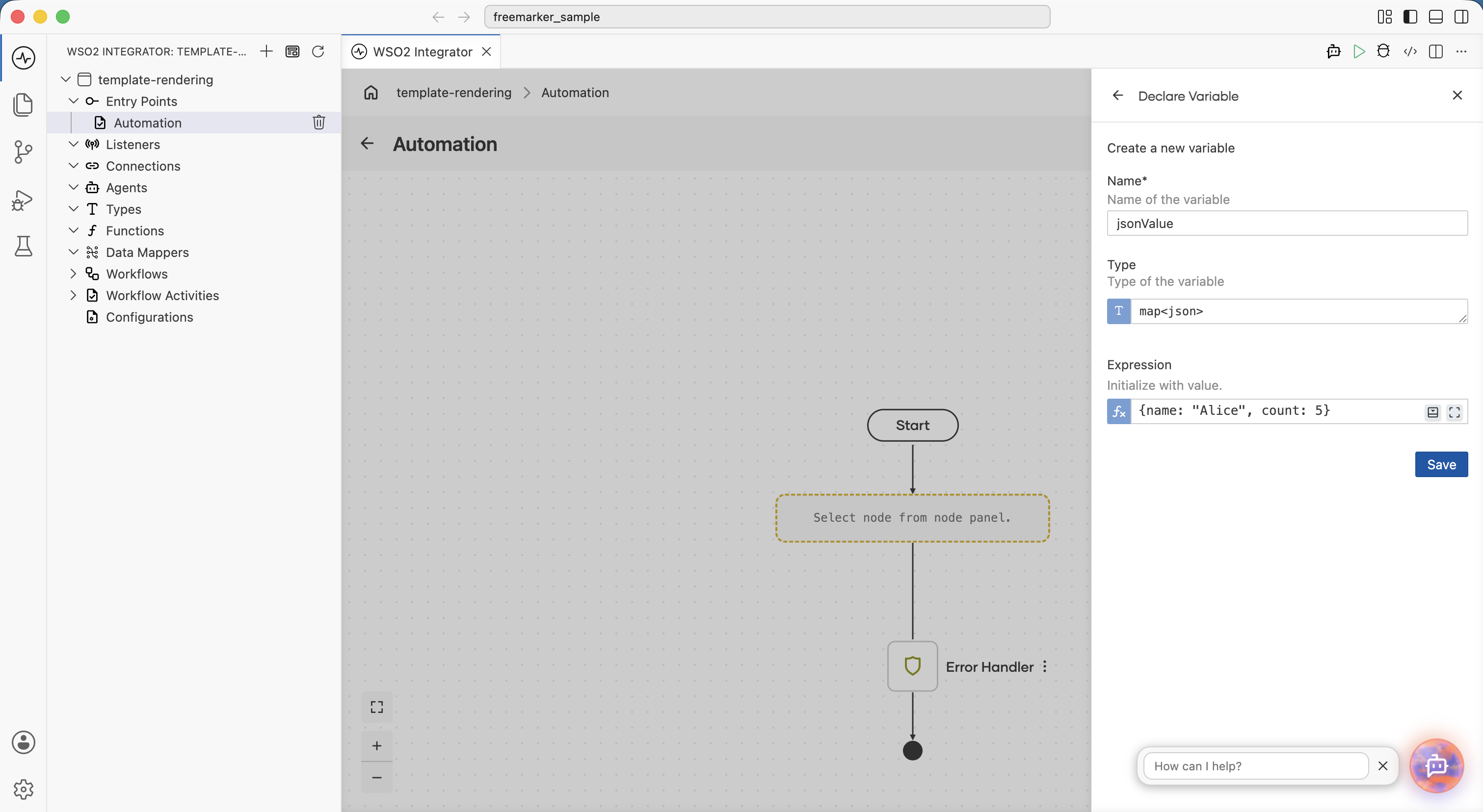 The Declare Variable step with map of json type for jsonValue