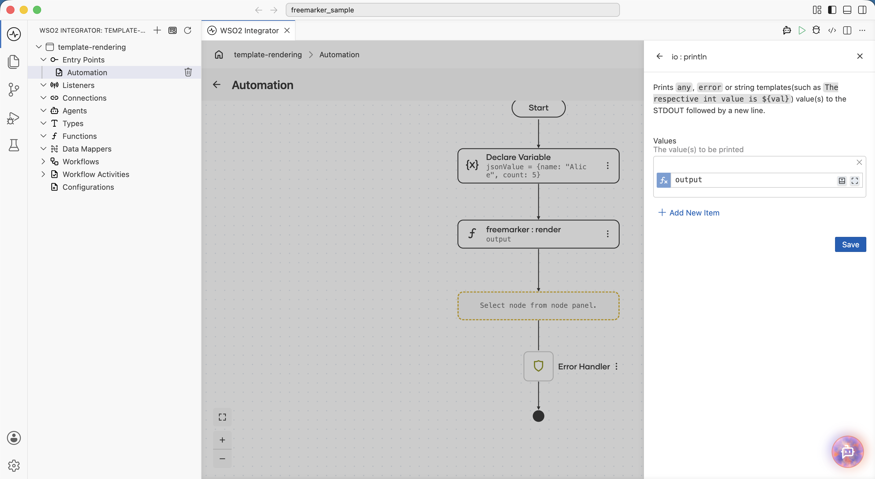 The println function call step printing the inline render result