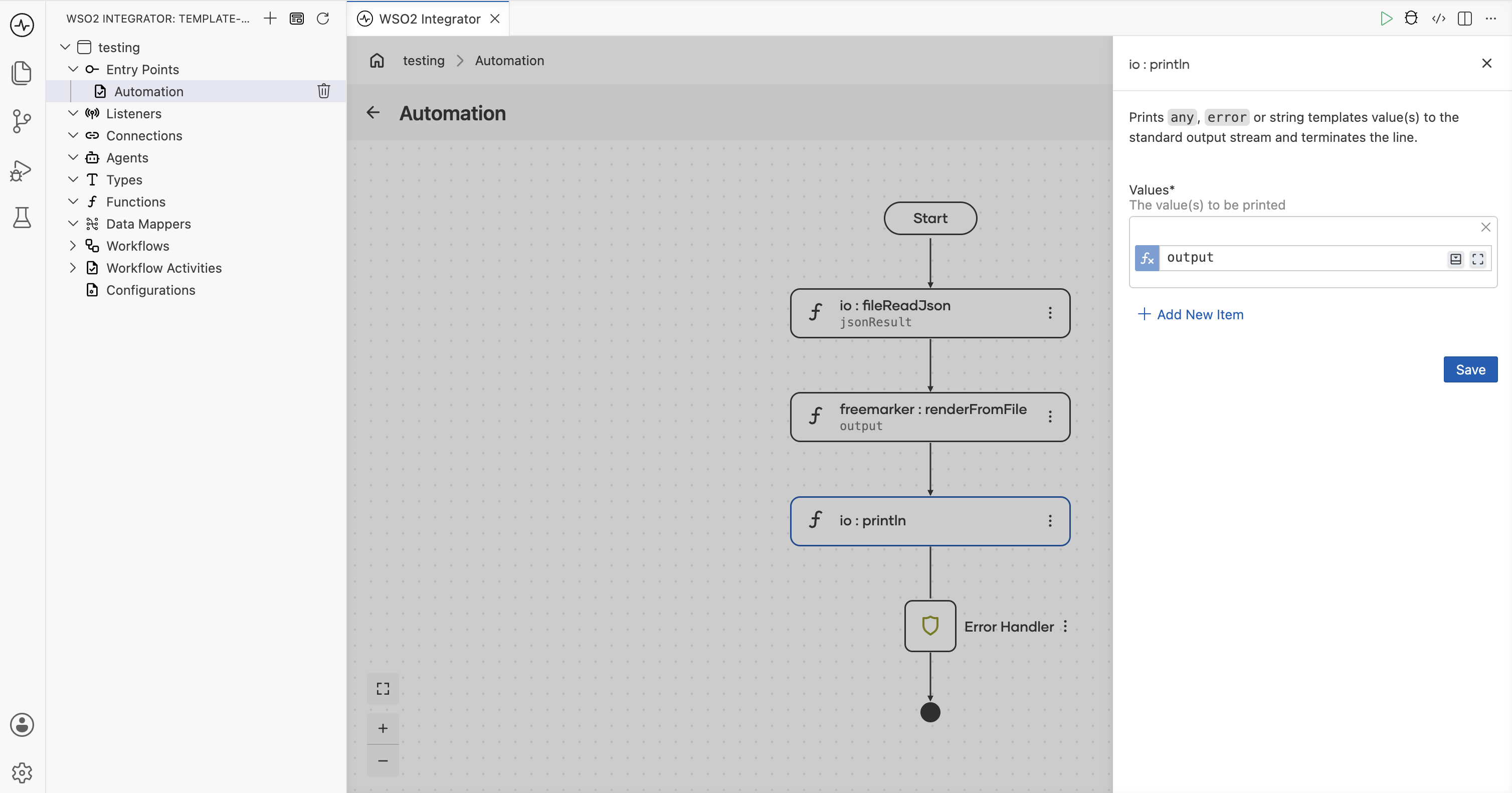 The println function call step printing the rendered output