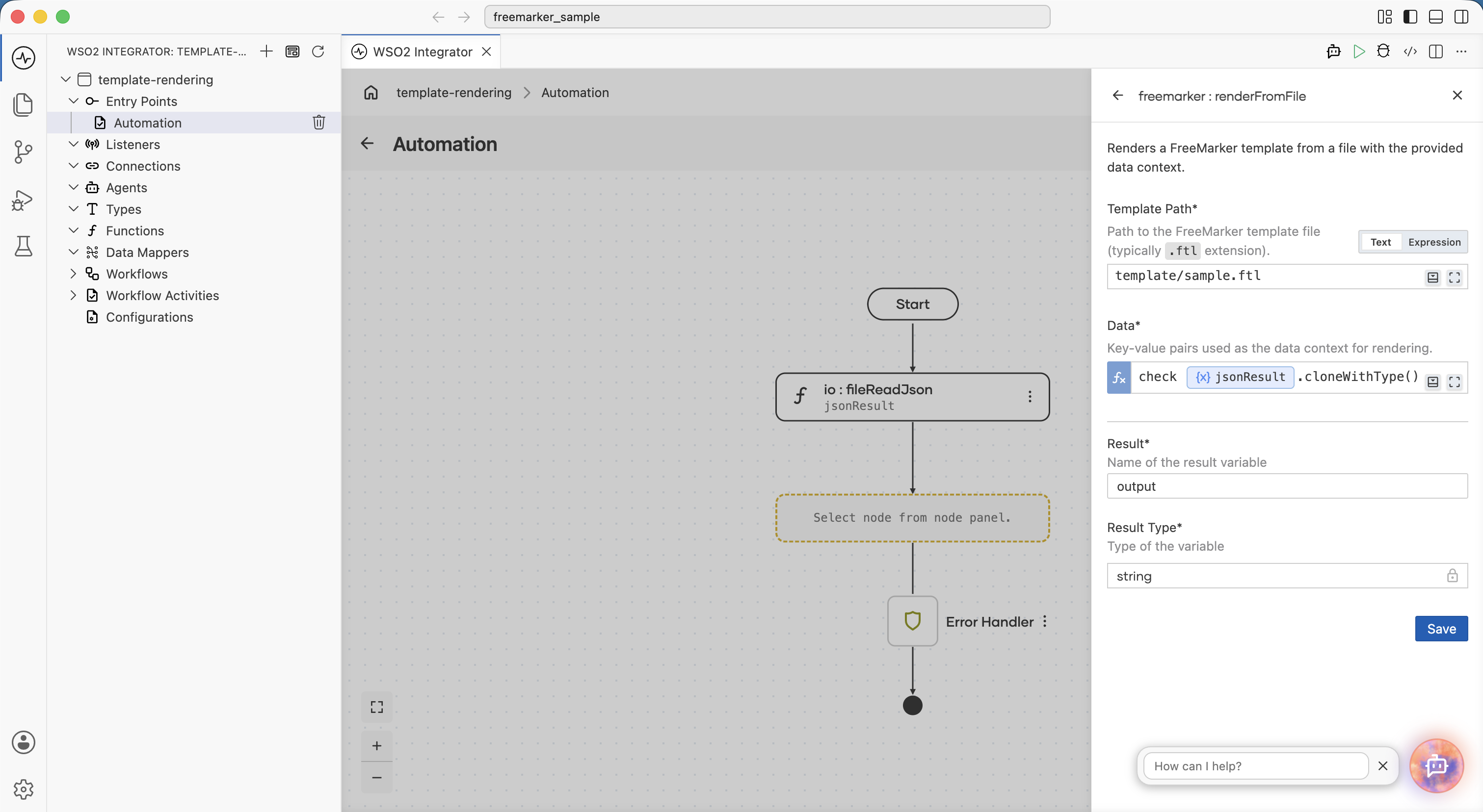 The renderFromFile function call step with template path and data configured