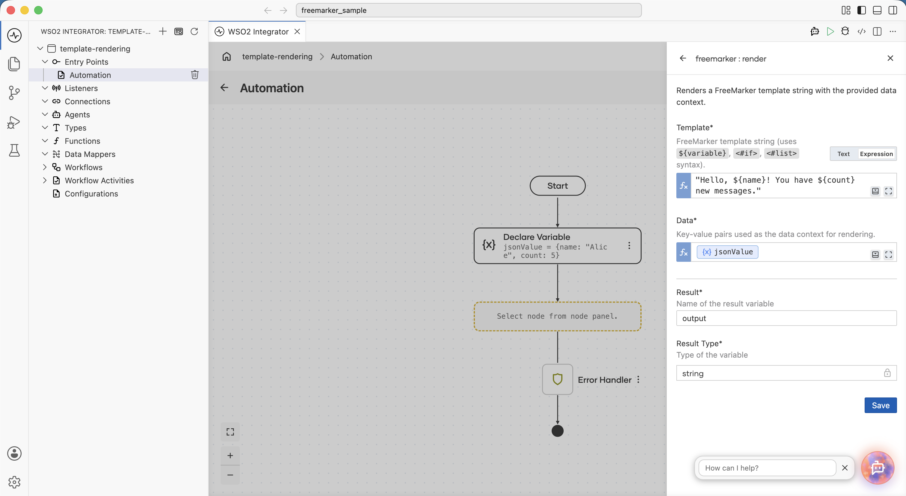 The render function call step with inline template and jsonValue data