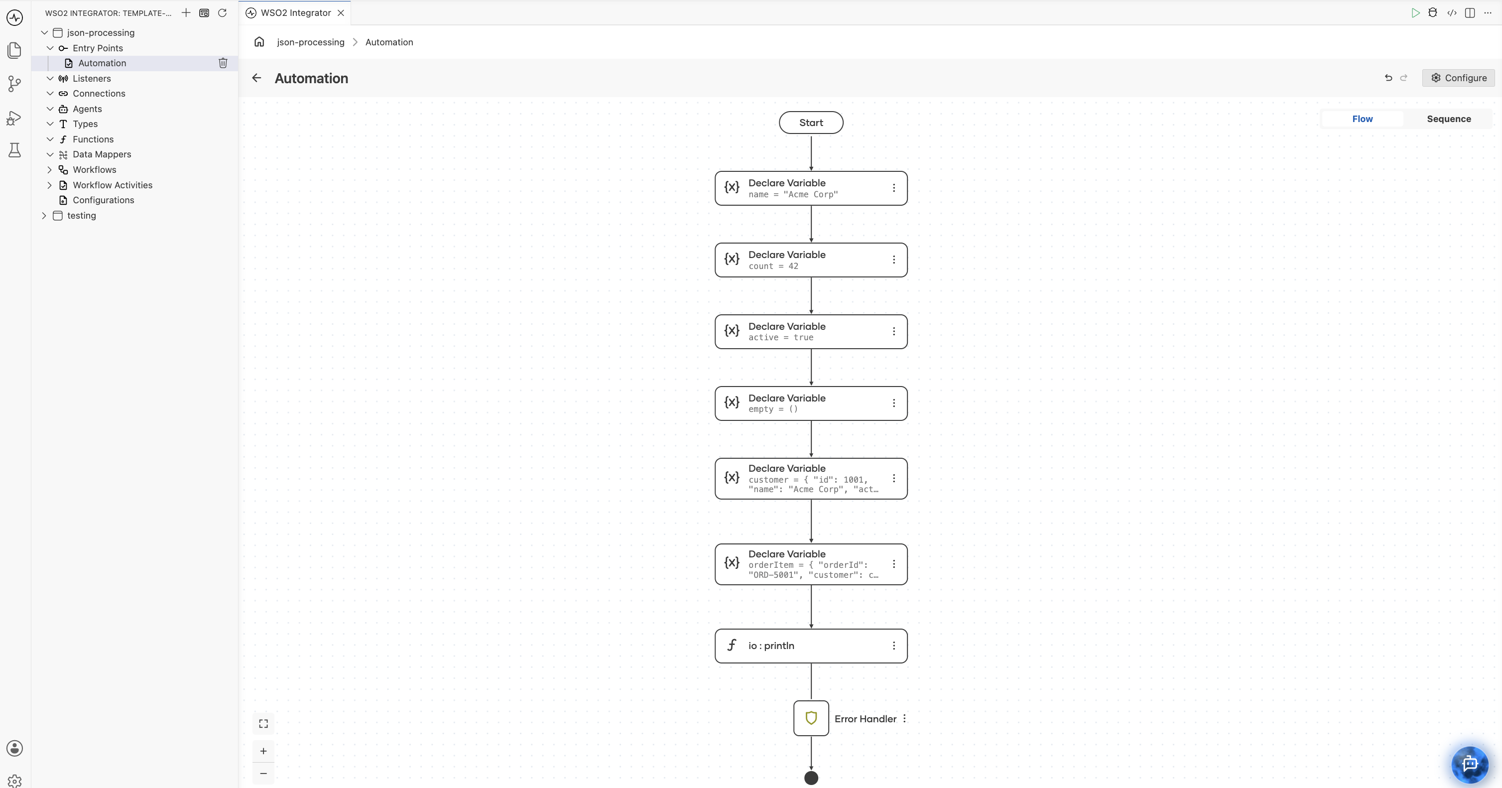 Flow designer showing Declare Variable steps for JSON value construction including nested objects and arrays