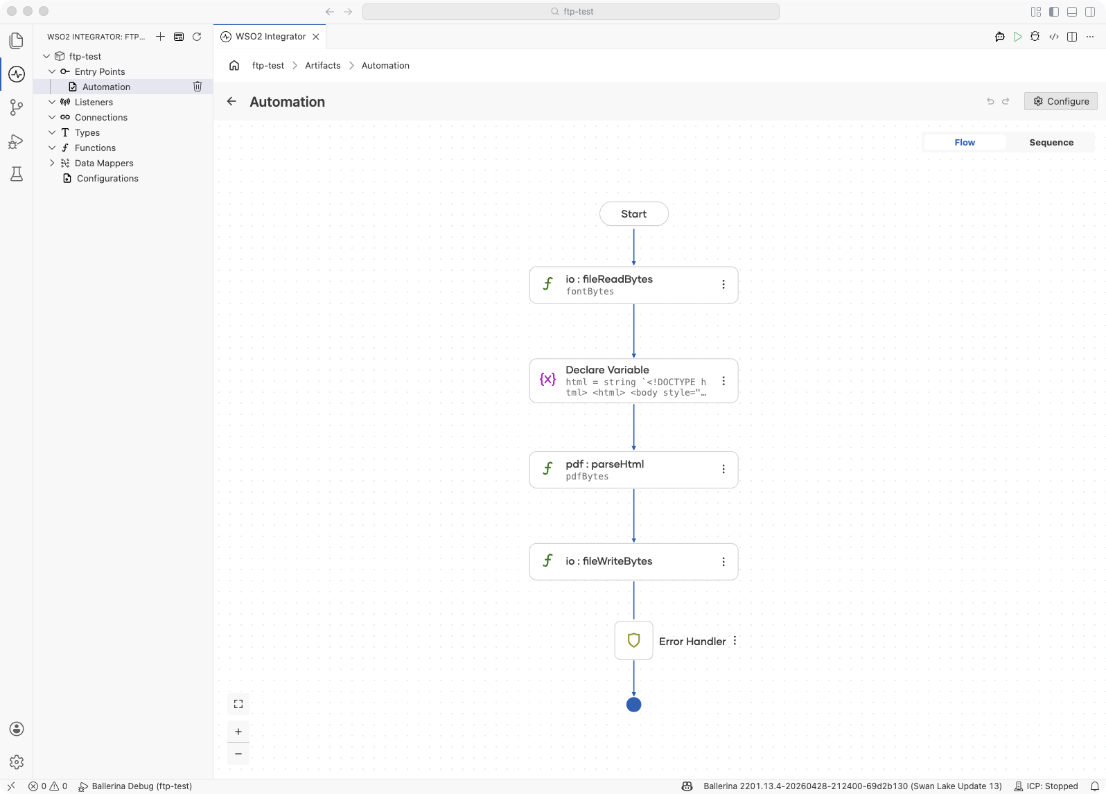 Flow designer showing the fontBytes load, parseHtml call with pageSize, margins, customFonts, and maxPages options, and the fileWriteBytes save step