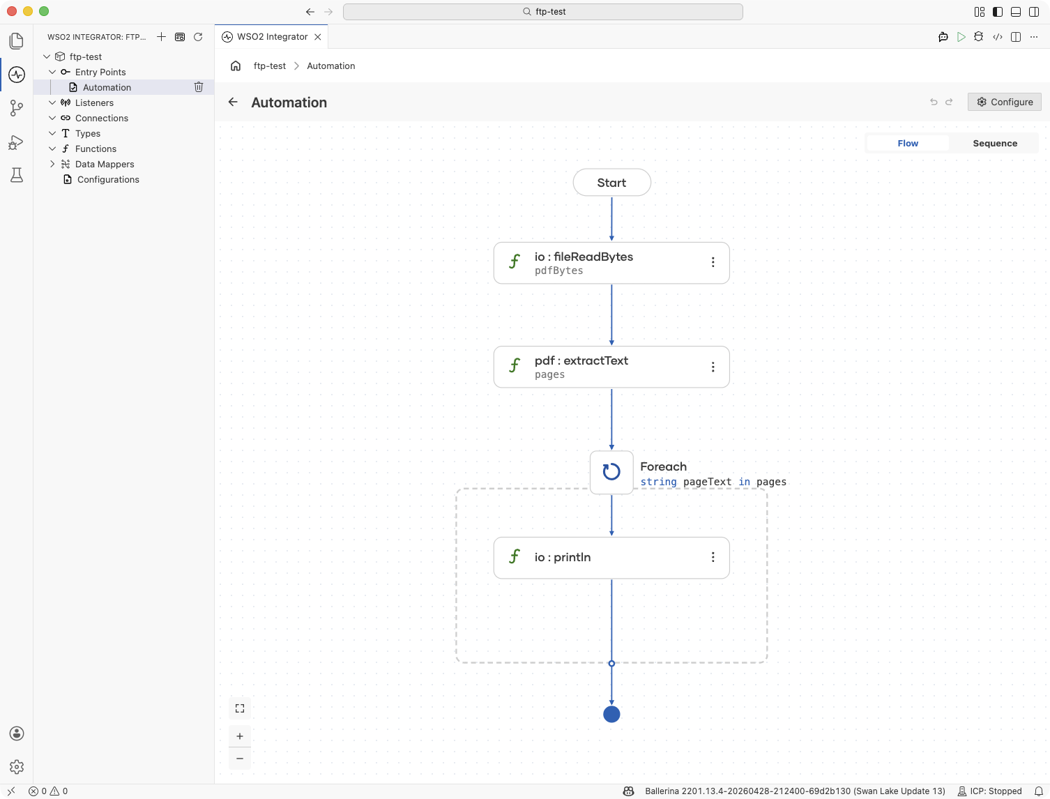 Flow designer showing the pdfBytes variable, extractText function call, and foreach loop over pages