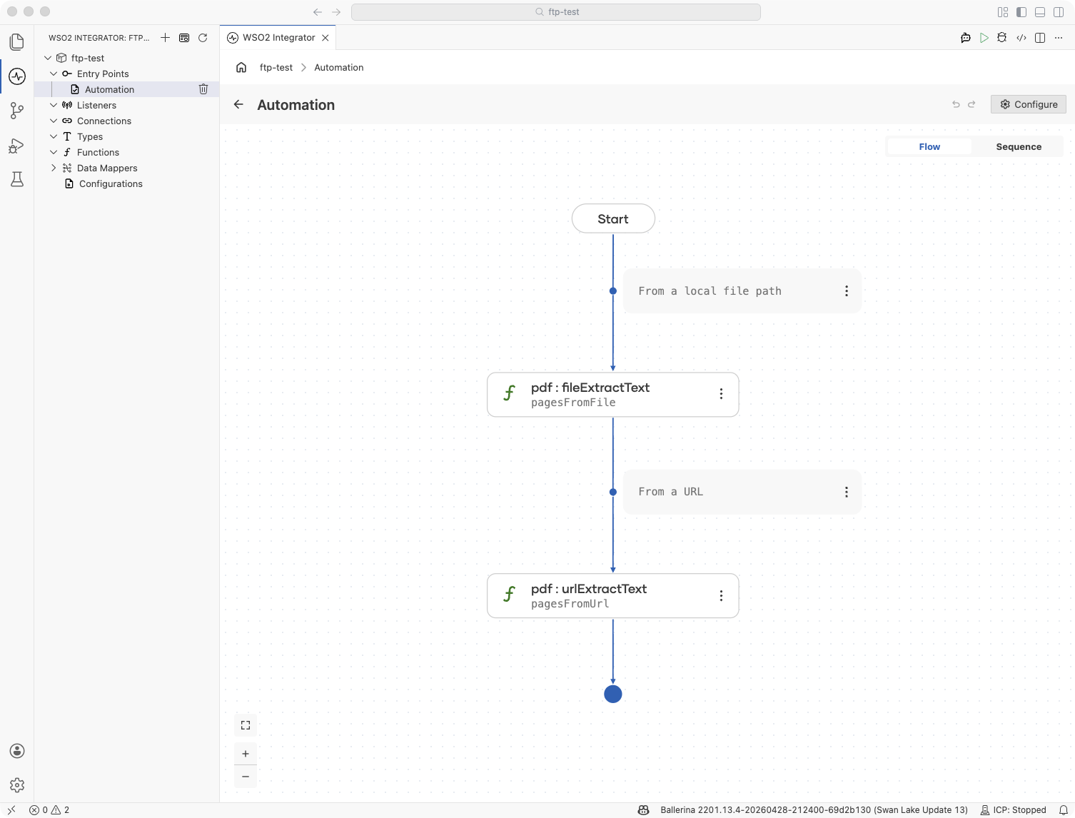 Flow designer showing fileExtractText and urlExtractText function call steps for PDF text extraction from a file path and a URL