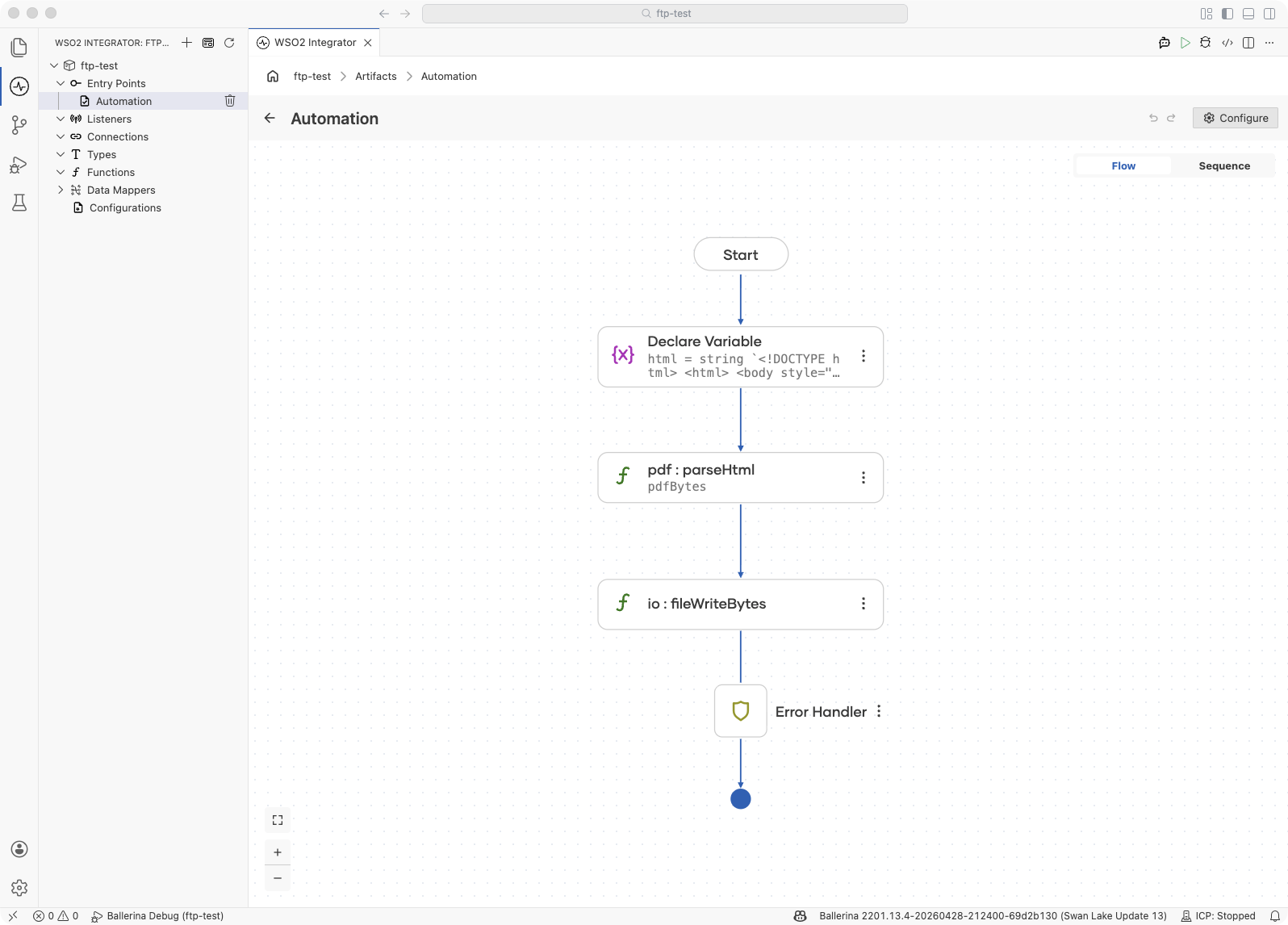 Flow designer showing the html variable, parseHtml function call producing pdfBytes, and fileWriteBytes save step