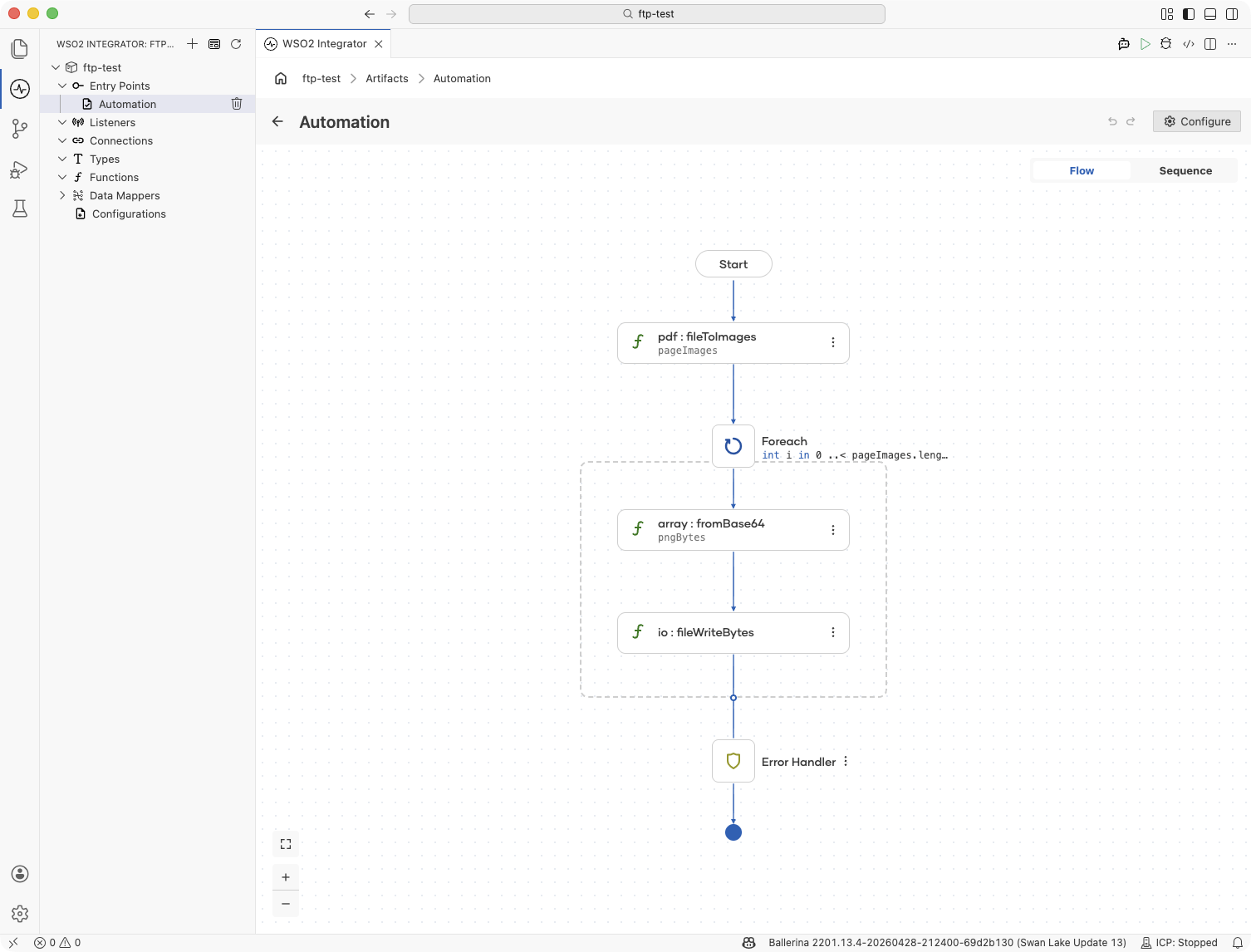 Flow designer showing the fileToImages function call, an index-range foreach, and the fromBase64 plus fileWriteBytes steps inside the loop
