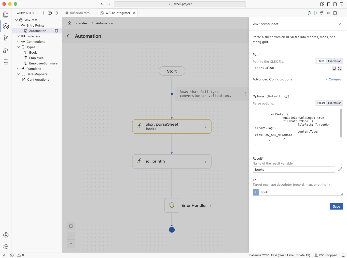 Flow designer showing fail-safe sheet parsing configuration