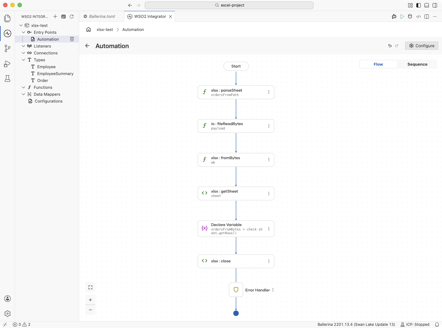 Flow designer showing a file read and a sheet parse step