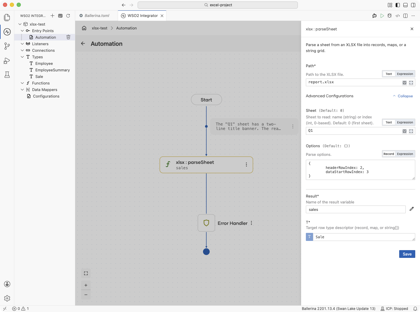 Flow designer showing sheet selection and header-row options