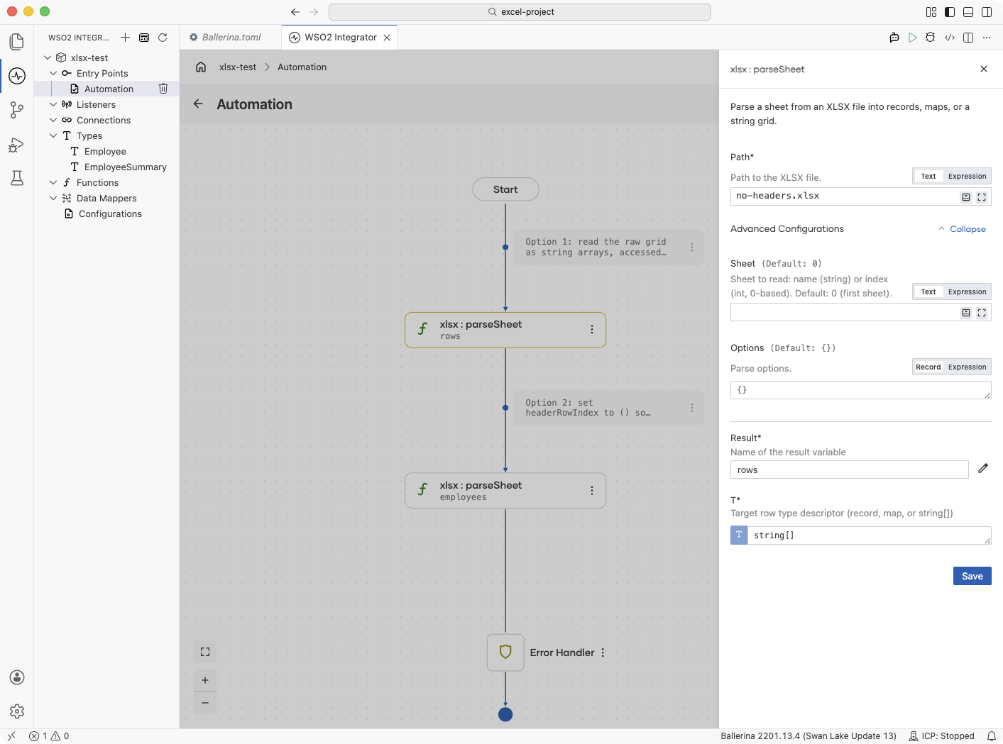 Flow designer showing headerless sheet parsing into string arrays