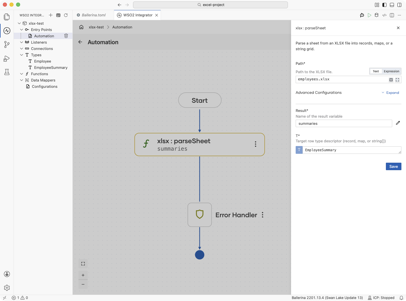 Flow designer showing a subset record type used for sheet parsing