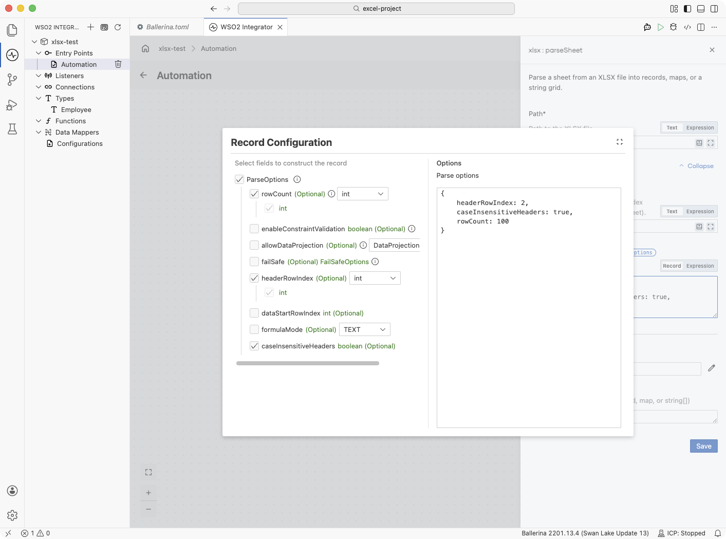 Record Configuration helper listing the available ParseOptions fields