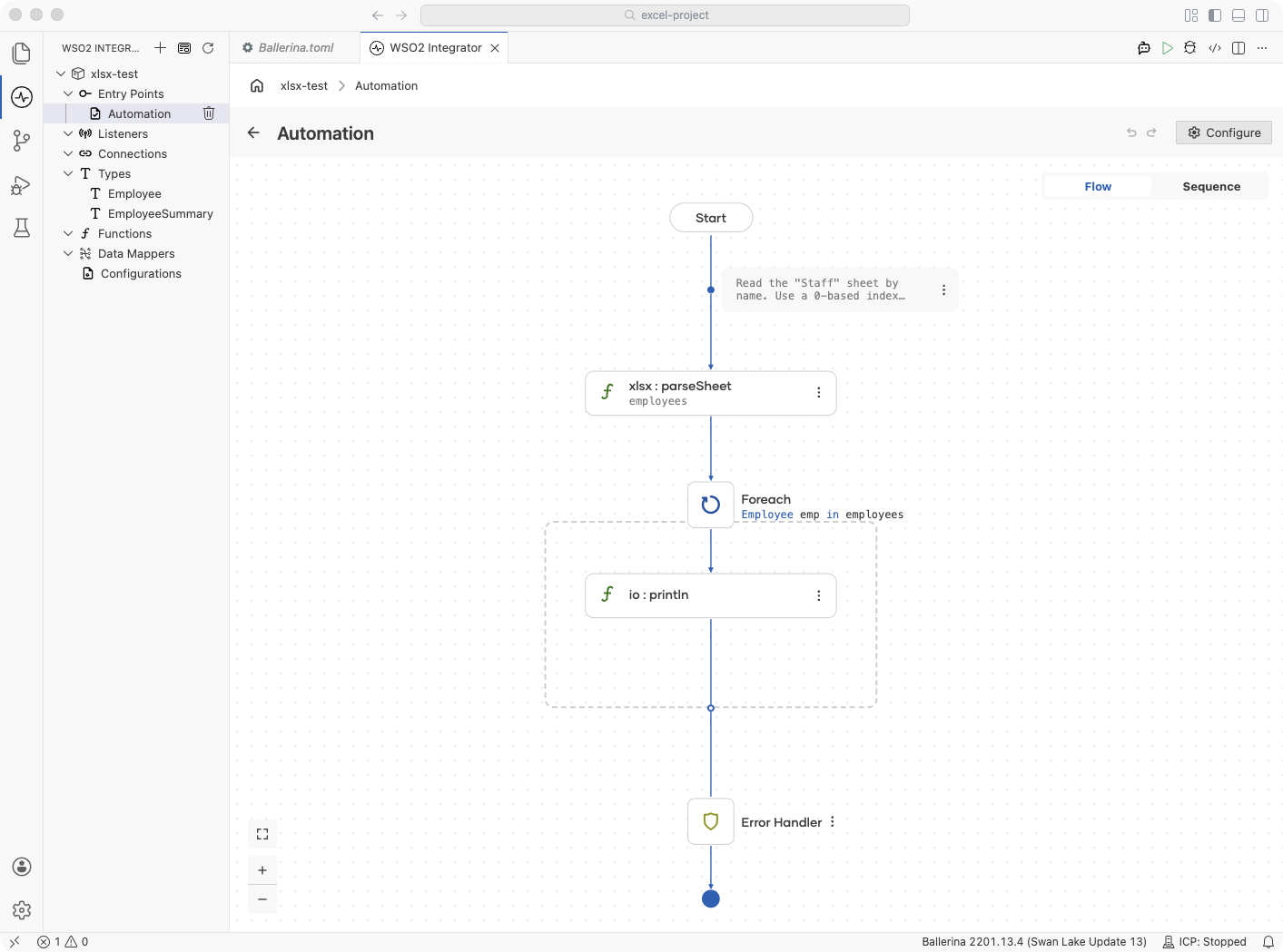 Flow designer showing sheet parsing and a foreach loop