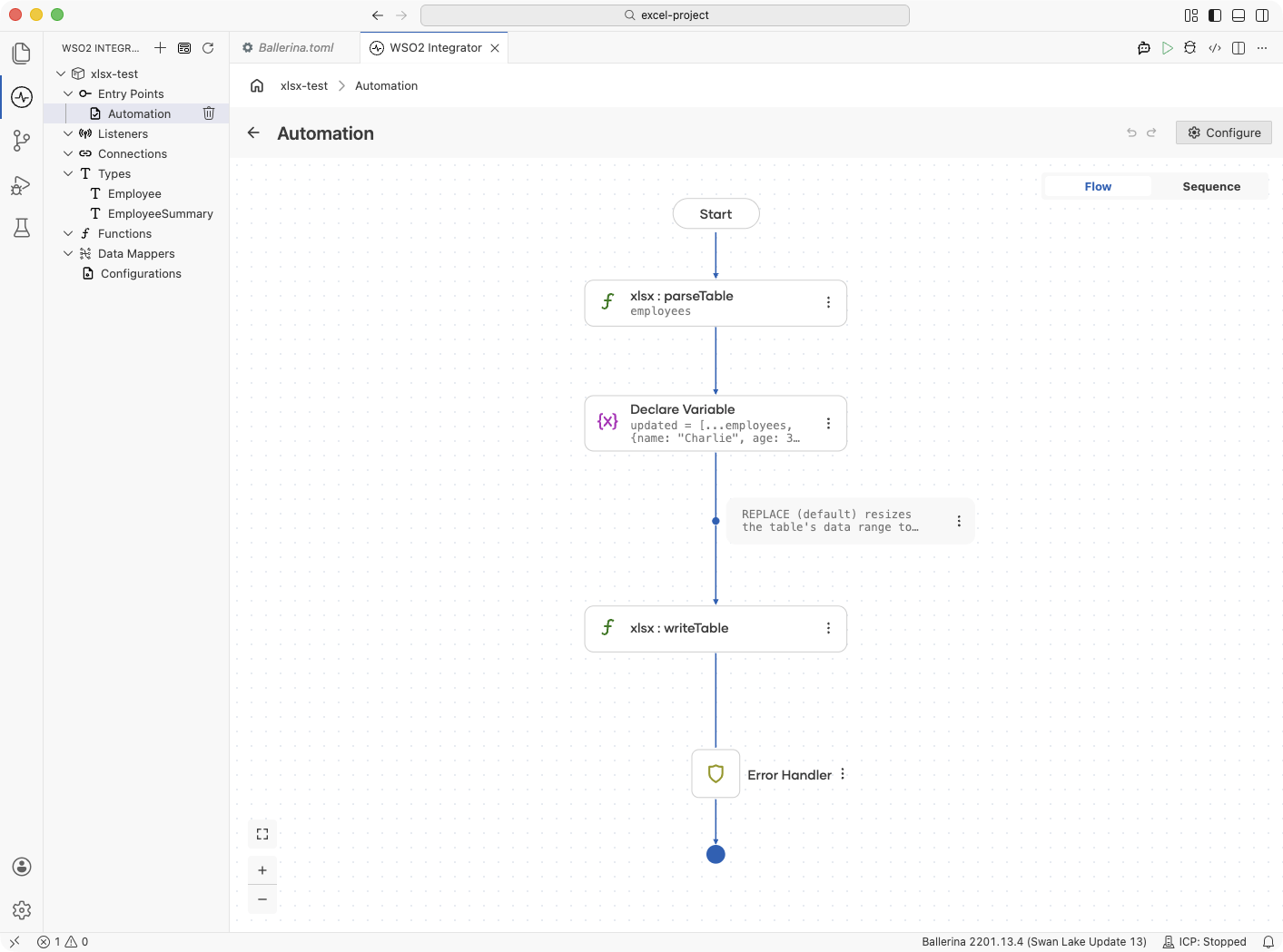 Flow designer showing a parseTable and writeTable flow