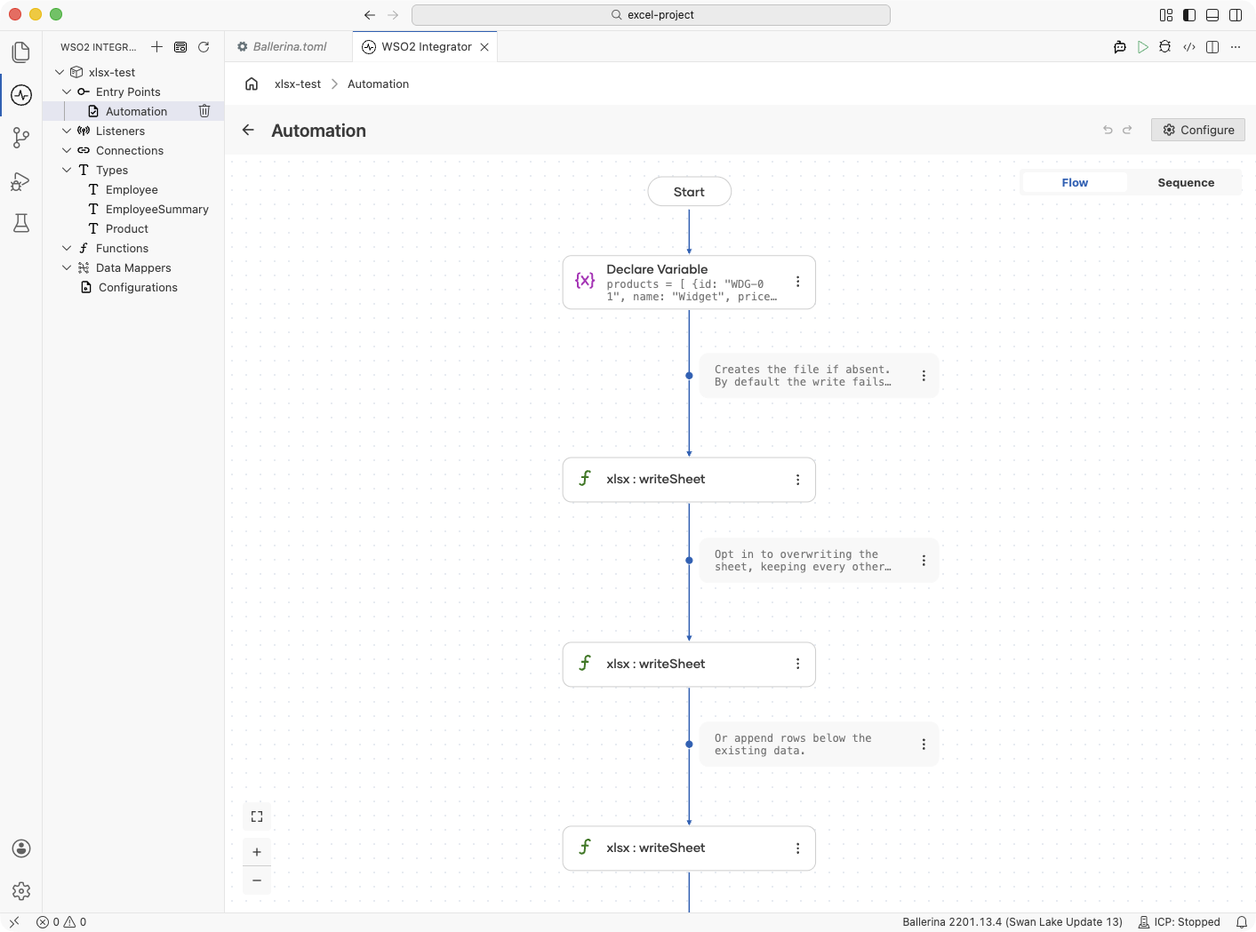 Flow designer showing a writeSheet step