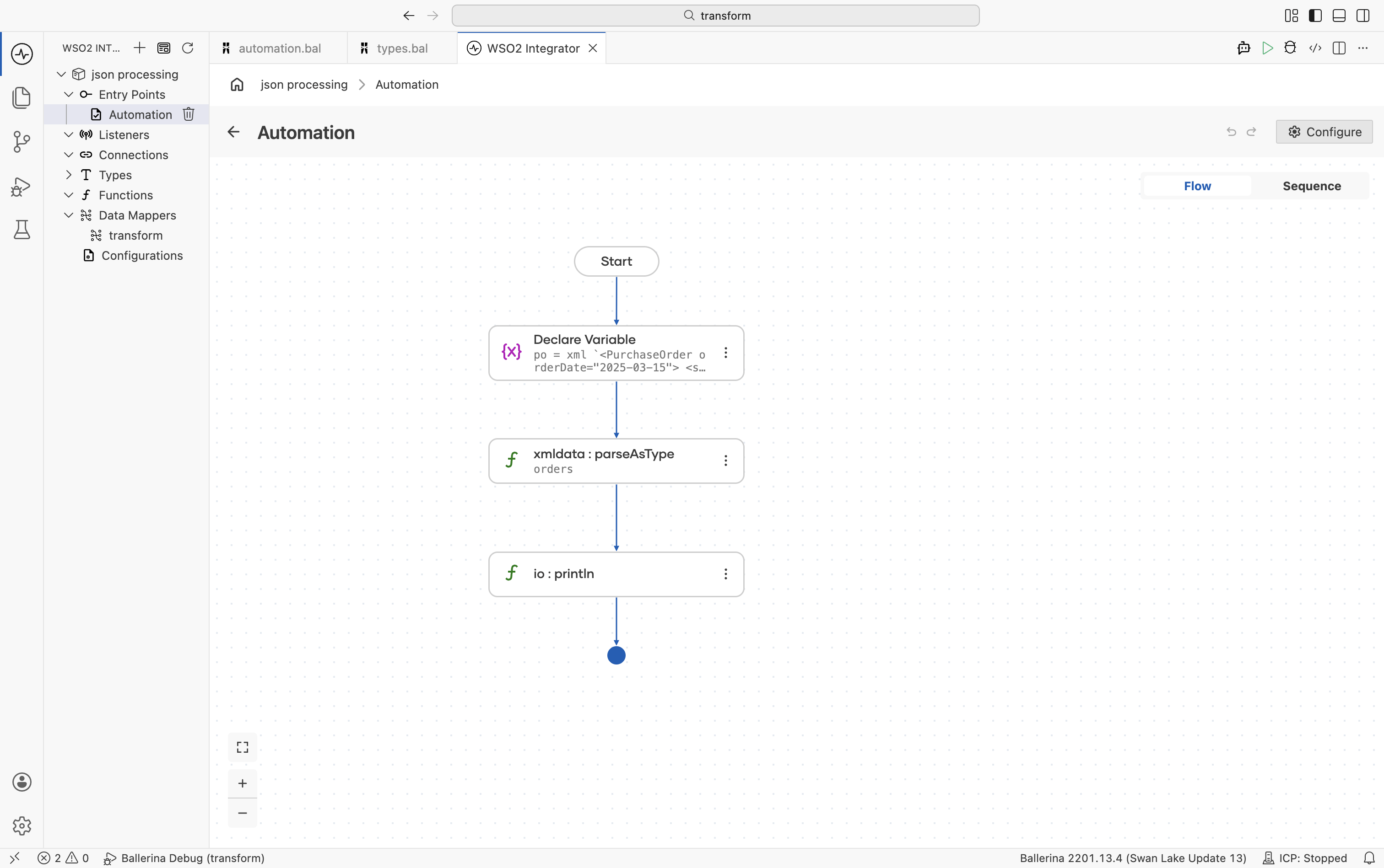 Flow designer showing the parseAsType function call step with PurchaseOrder as the result type
