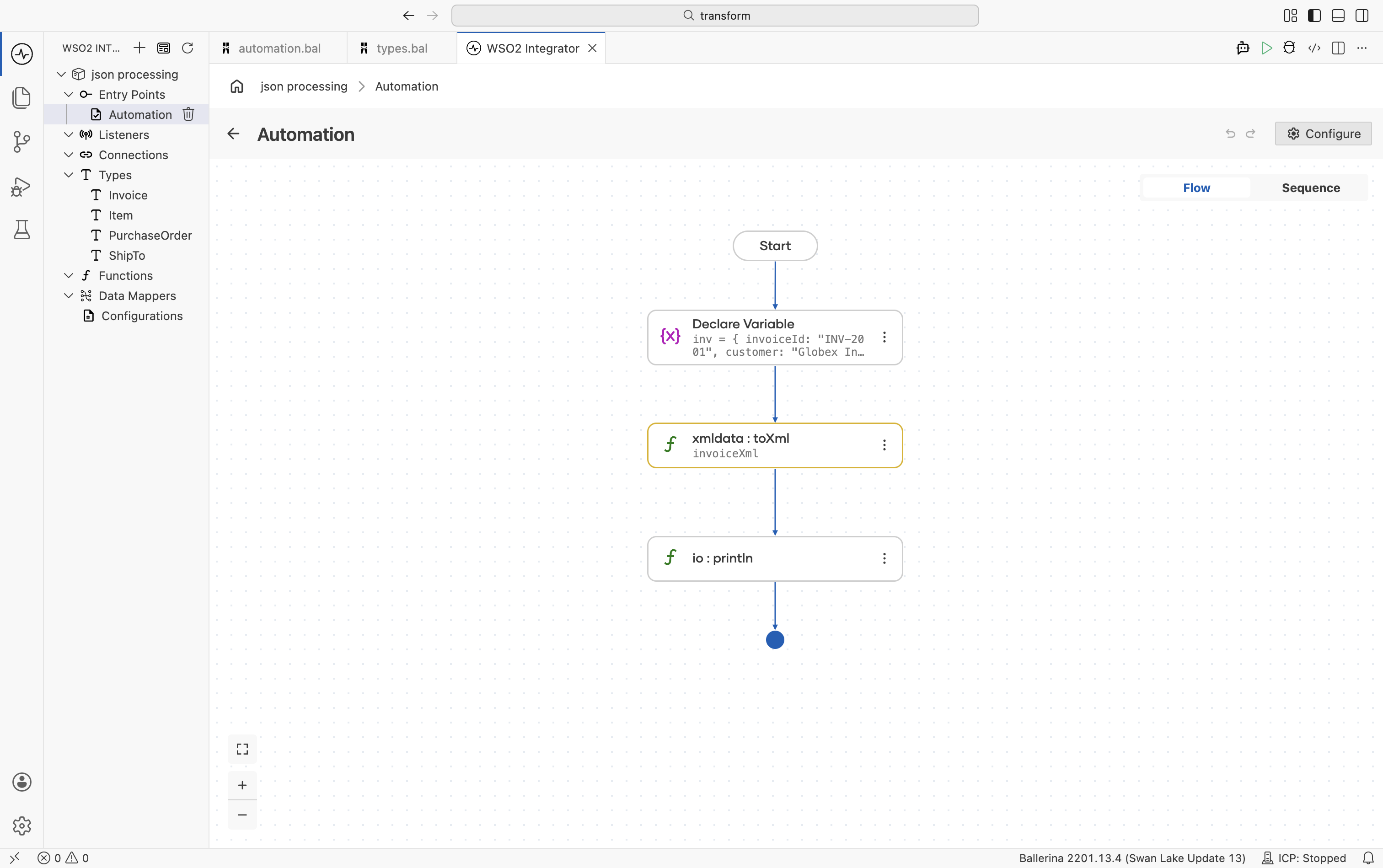 Flow designer showing the toXml function call step with xml as the result type