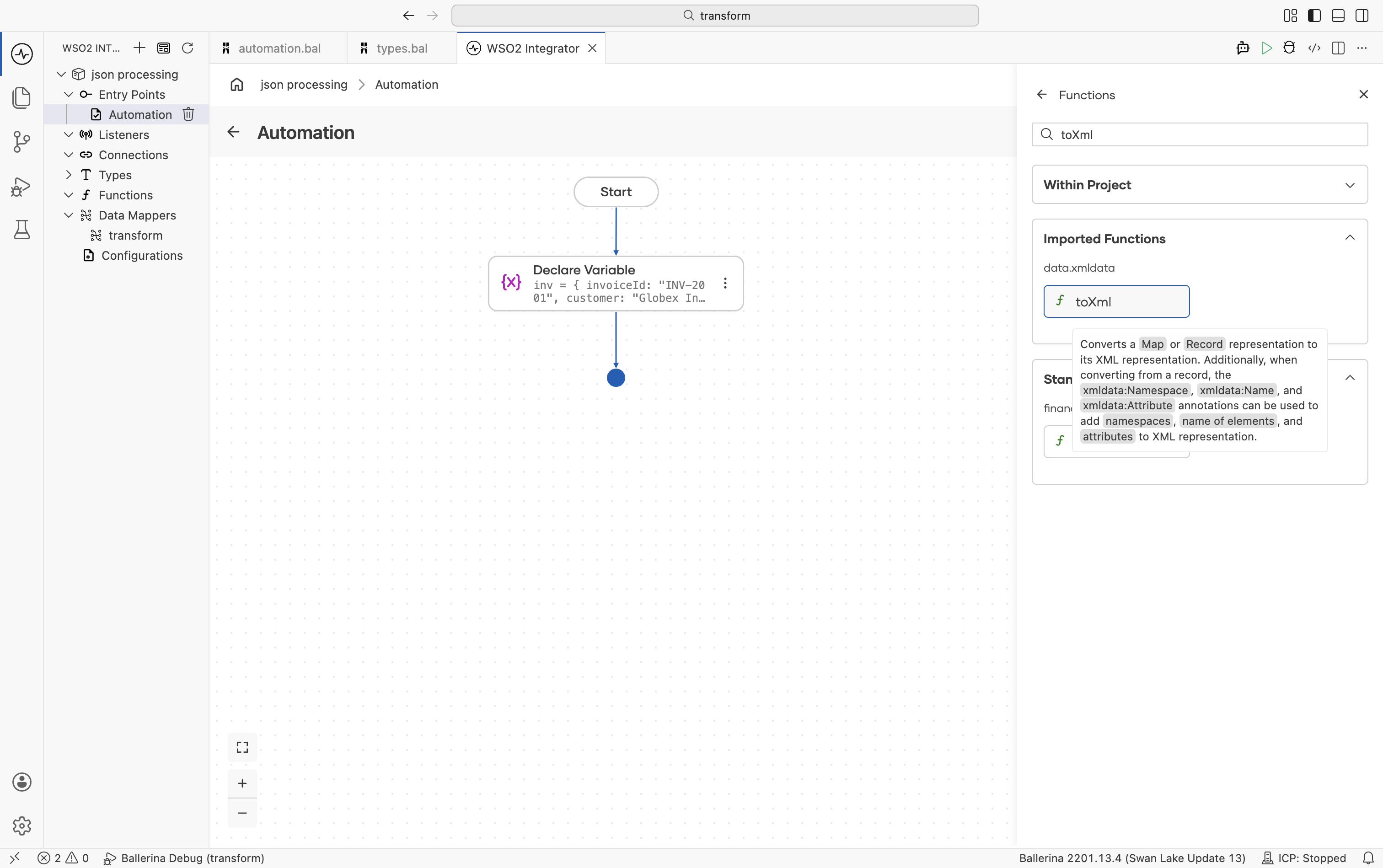 right-side panel showing toXml search results with the data.xmldata module entry highlighted