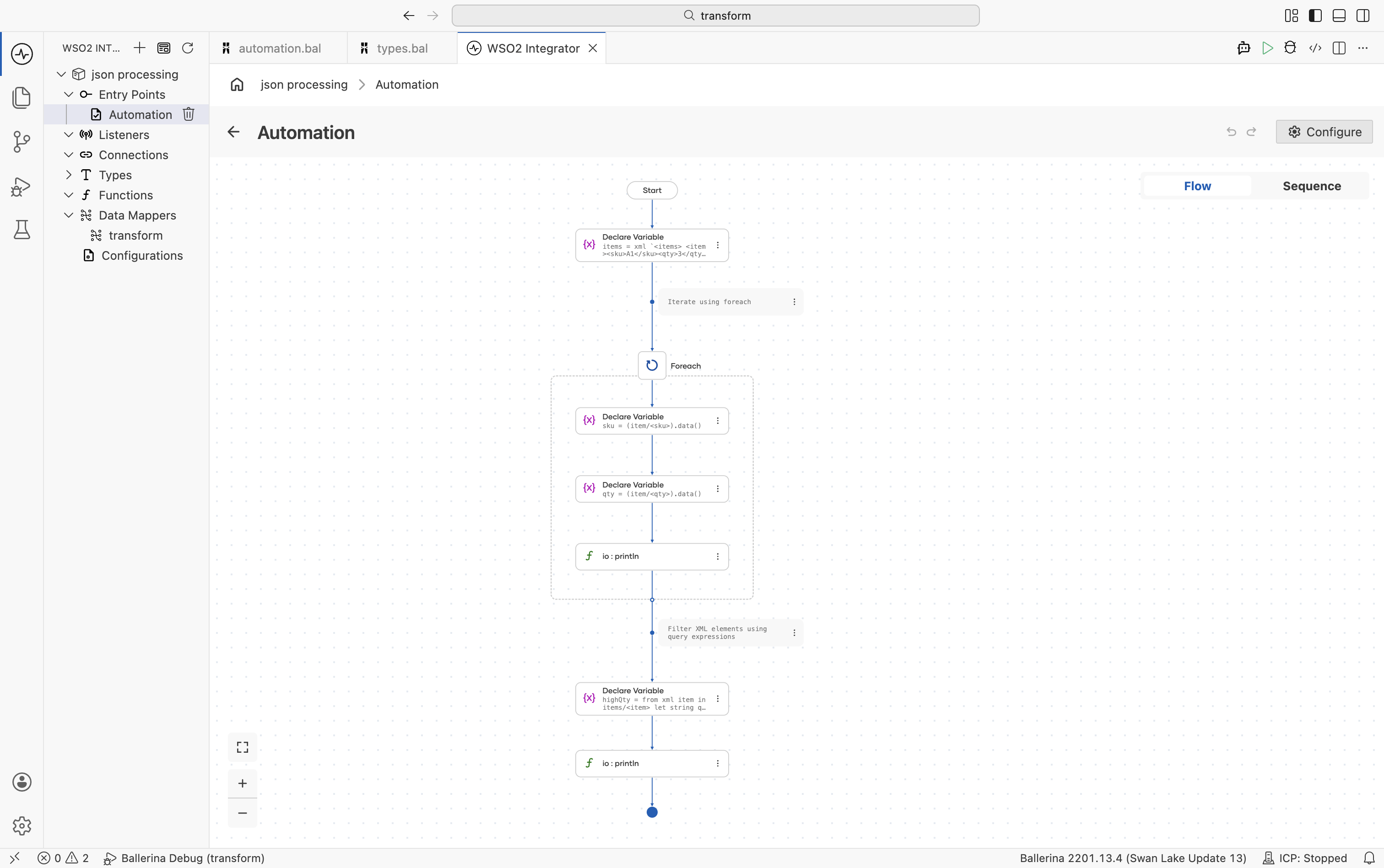 Flow designer showing a Foreach node iterating over XML items with variable extraction steps inside the loop body