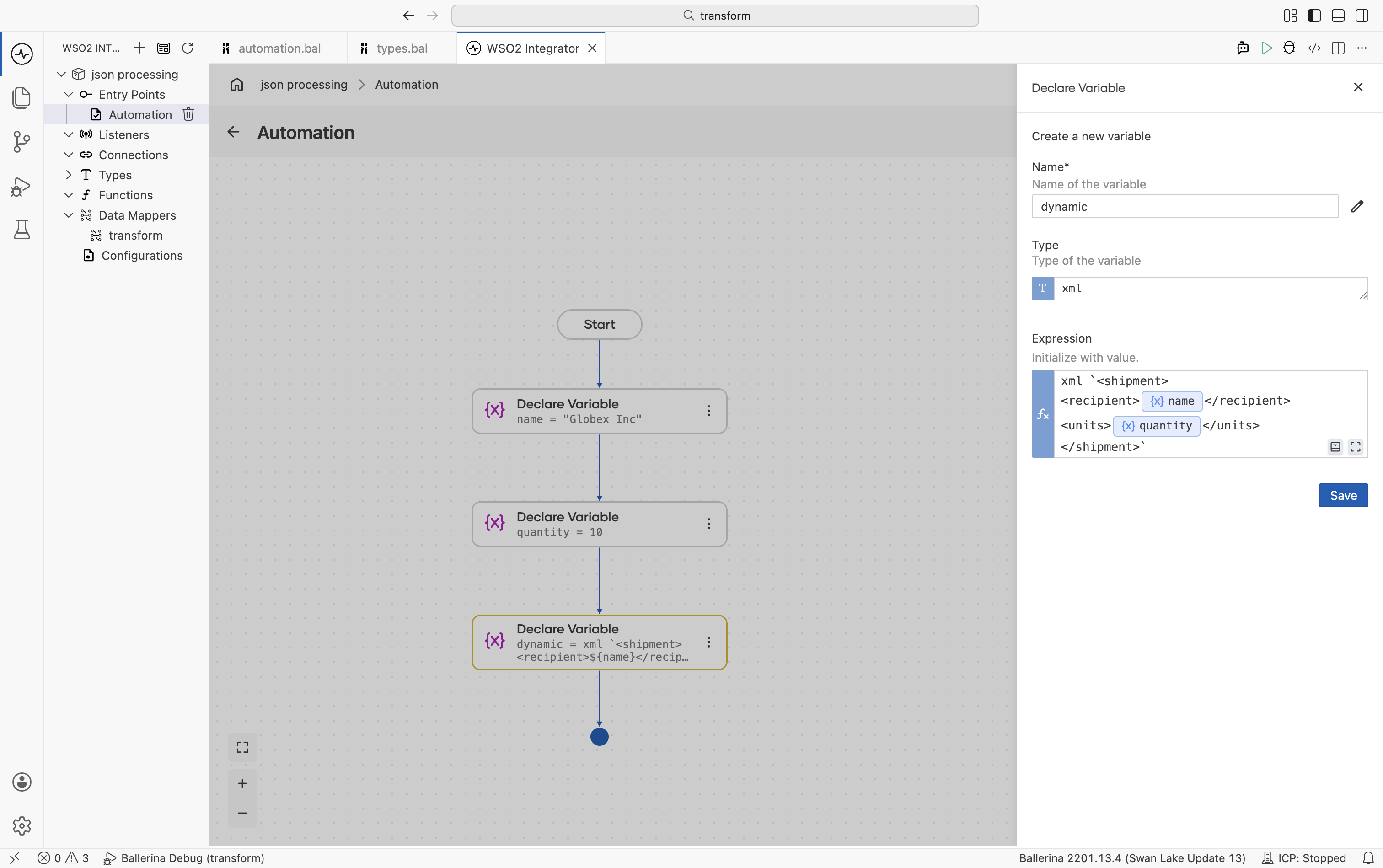 Side panel showing the dynamic XML variable with embedded expression