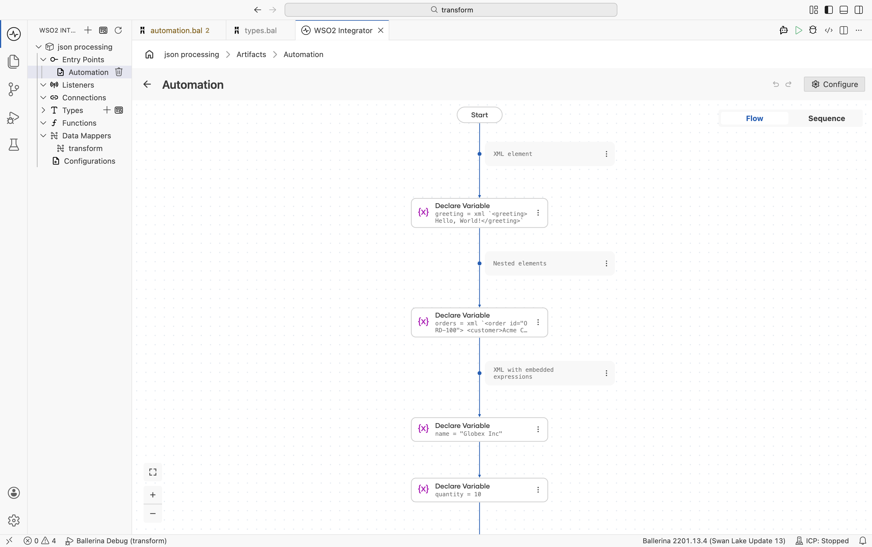 Flow designer showing Declare Variable for XML literal construction including dynamic expressions