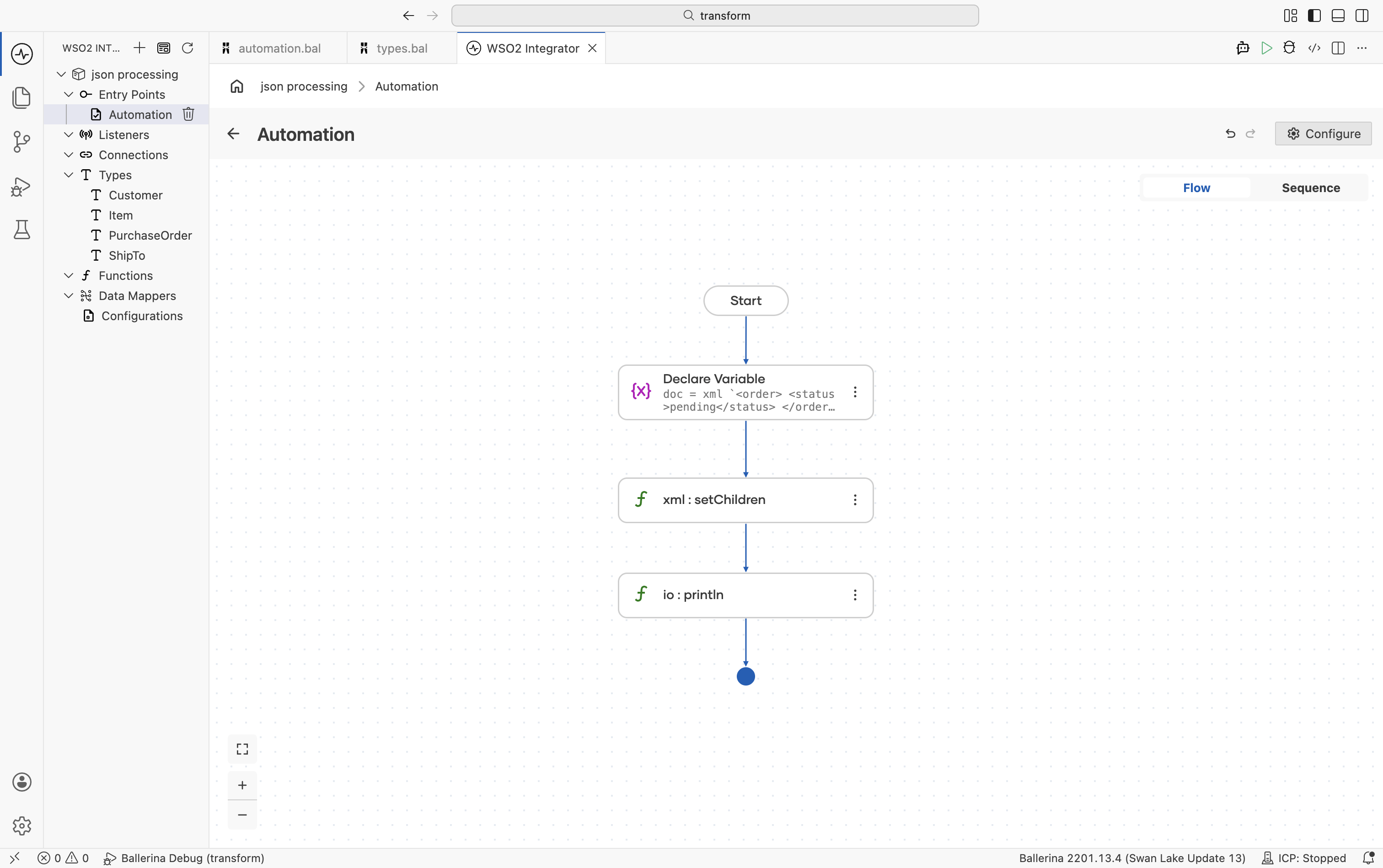 Flow designer showing a Declare Variable for the XML document followed by a Call Function step for setChildren