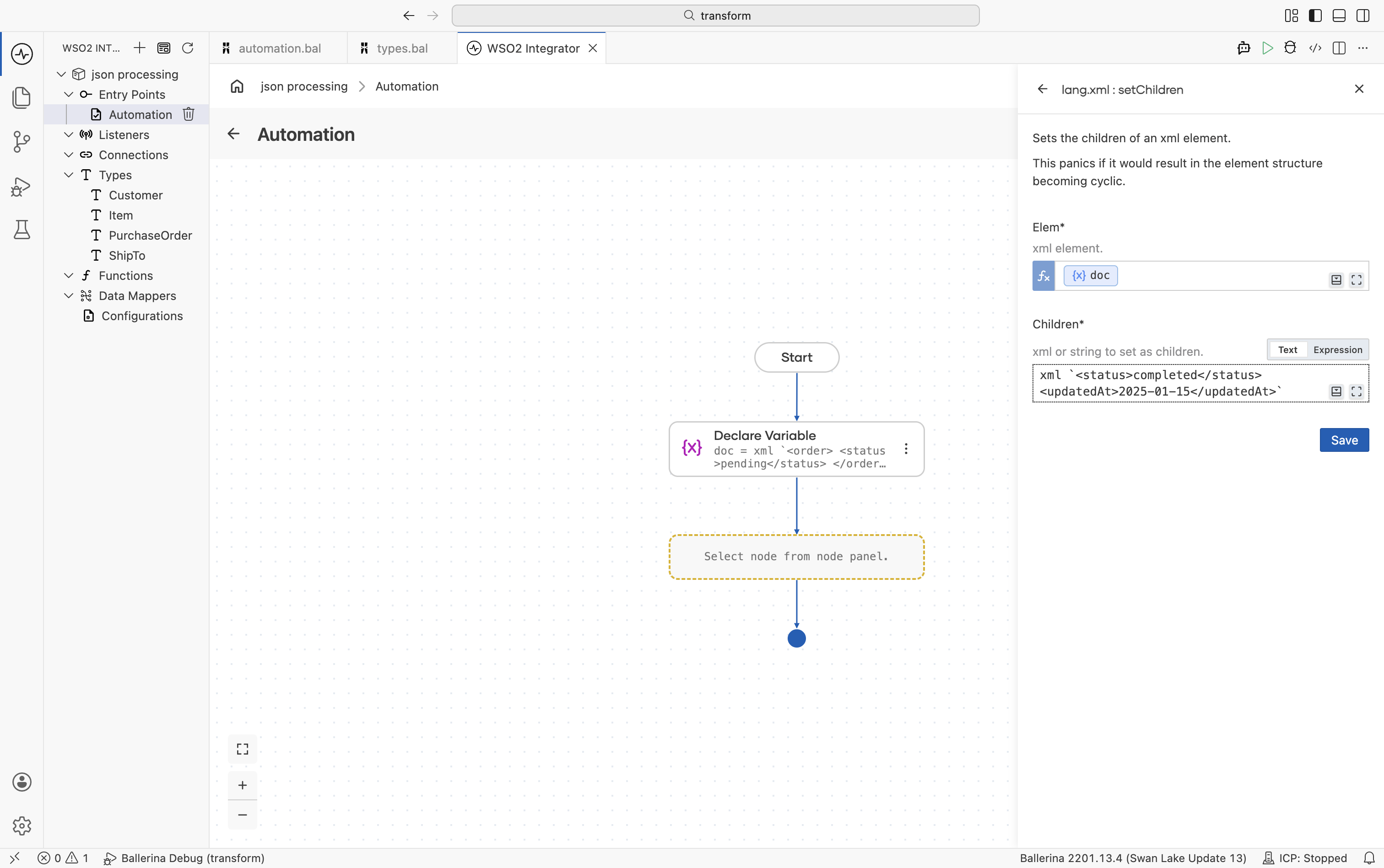 Right-side panel showing the setChildren function search result from the lang.xml module
