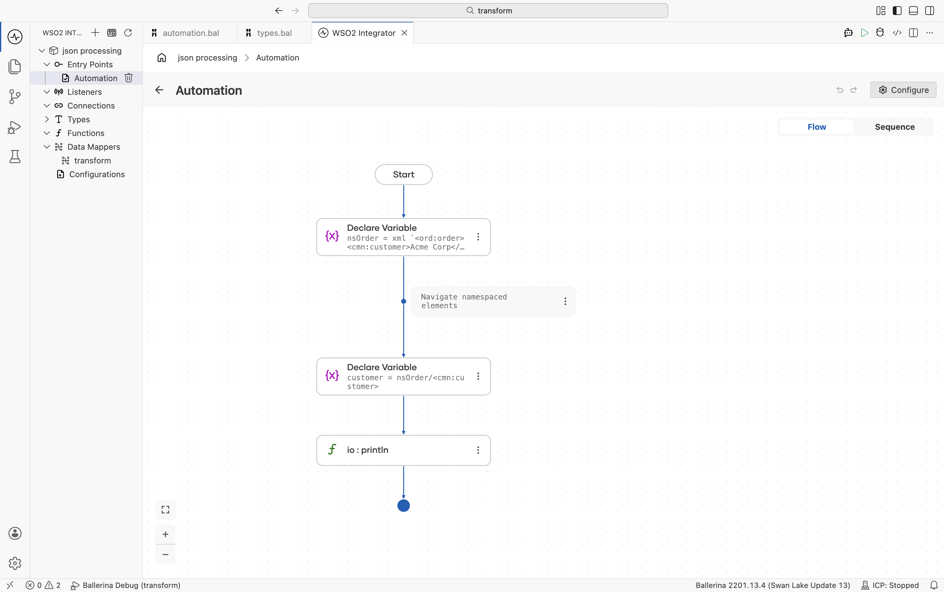Flow designer showing Declare Variable for namespaced XML construction and navigation