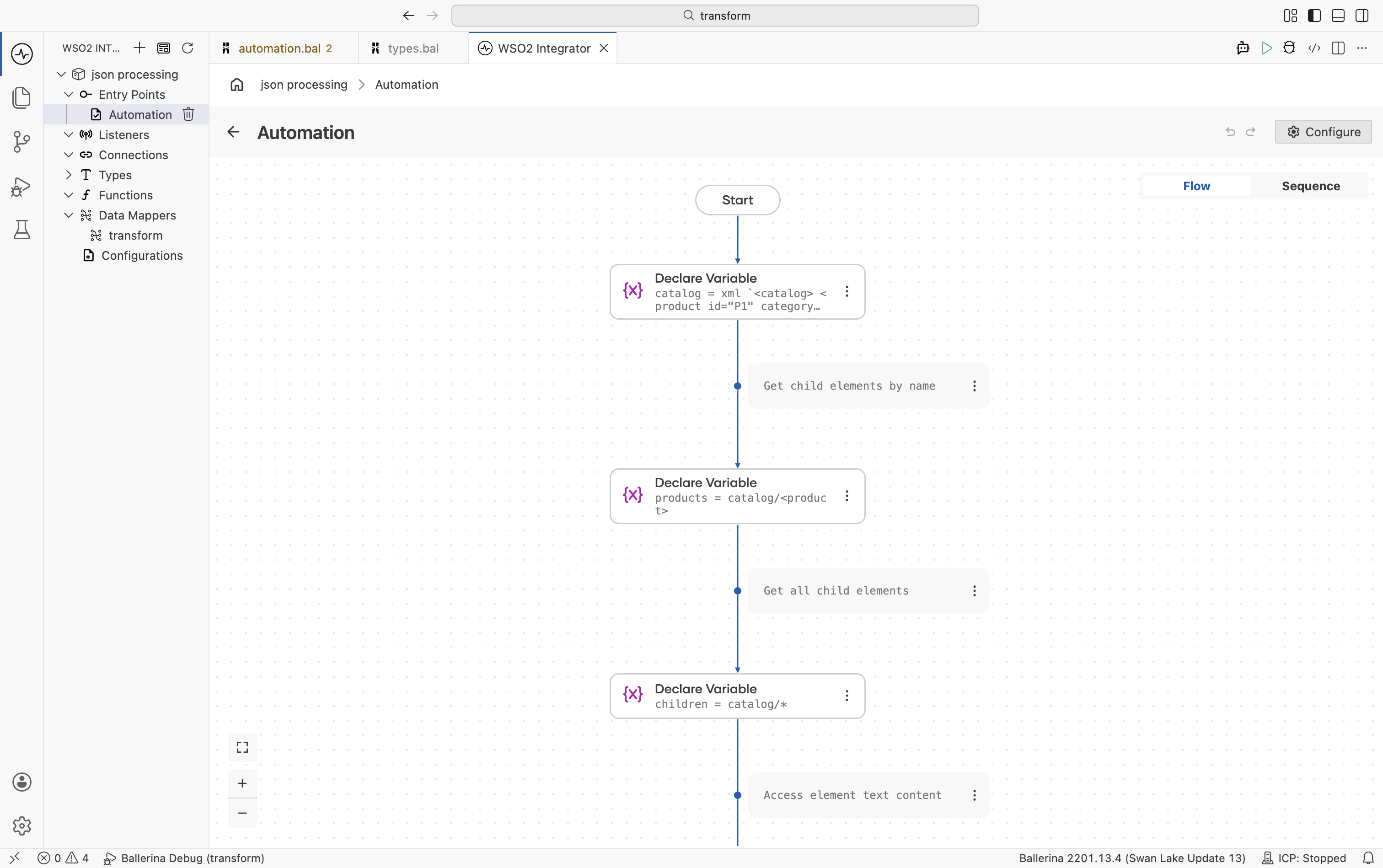 Flow designer showing Declare Variable for XML navigation including child access, text content, attributes, and descendant filtering