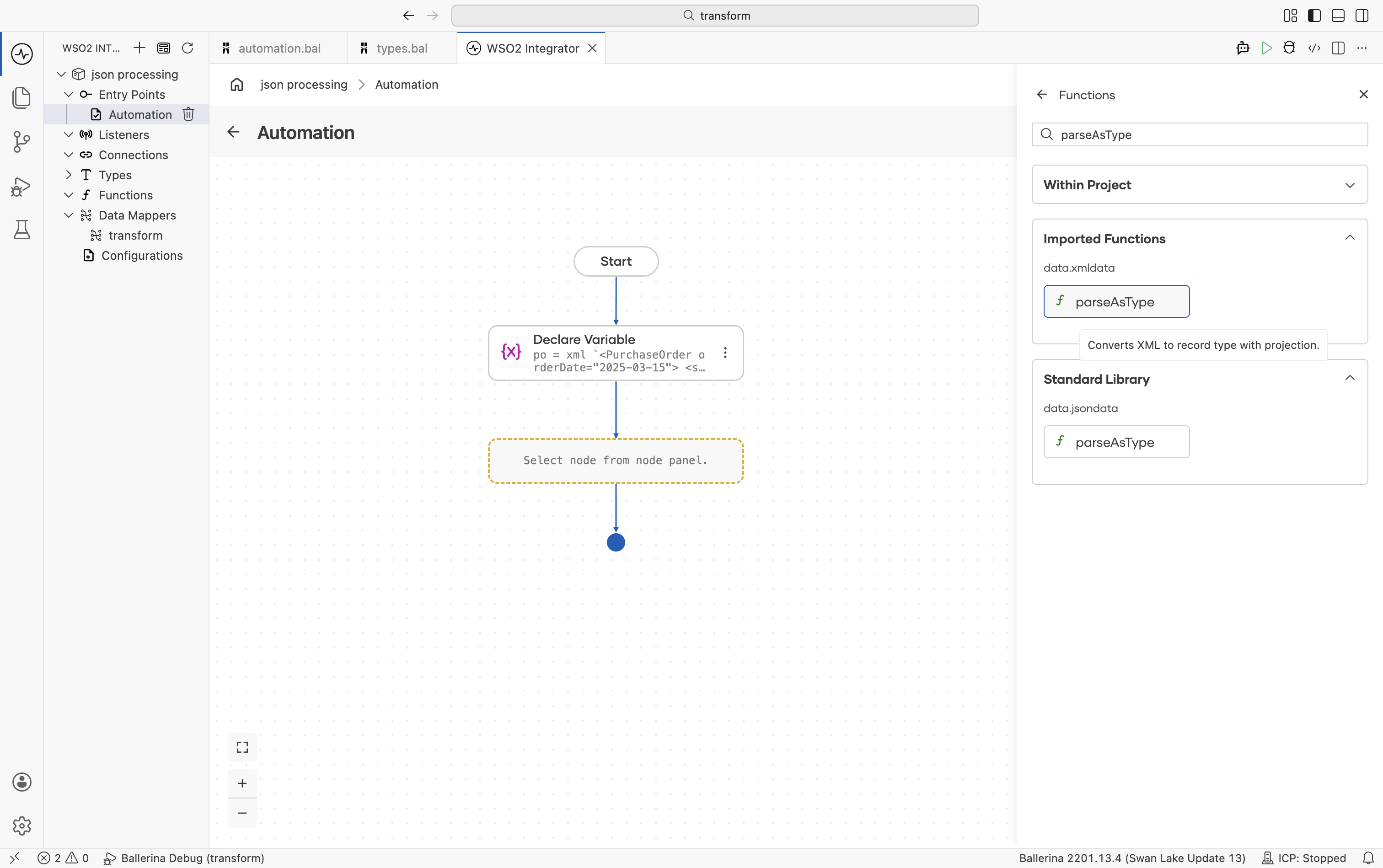 right-side panel showing parseAsType search results with the data.xmldata module entry highlighted