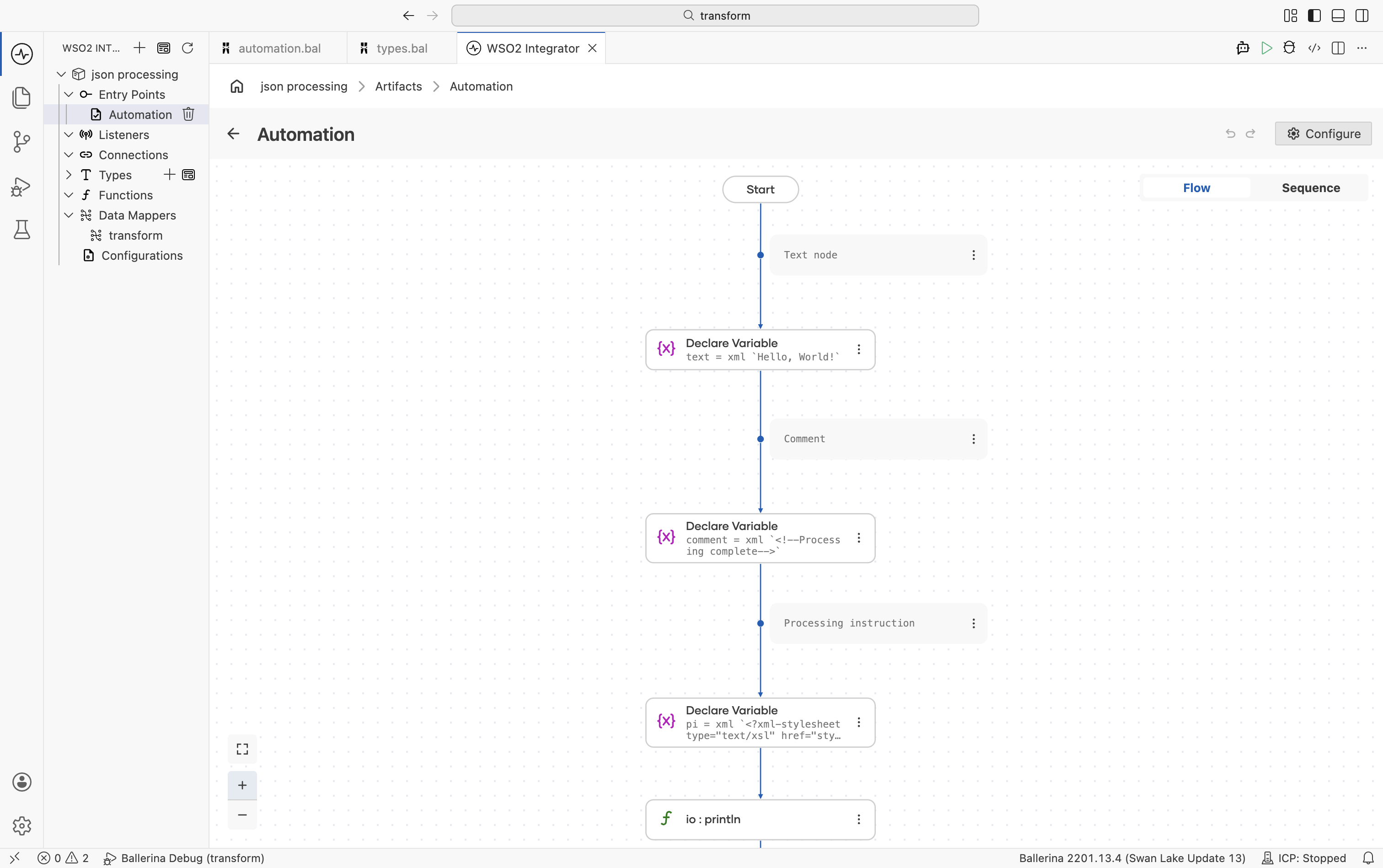 Flow designer showing Declare Variable for XML text, comment, and processing instruction nodes