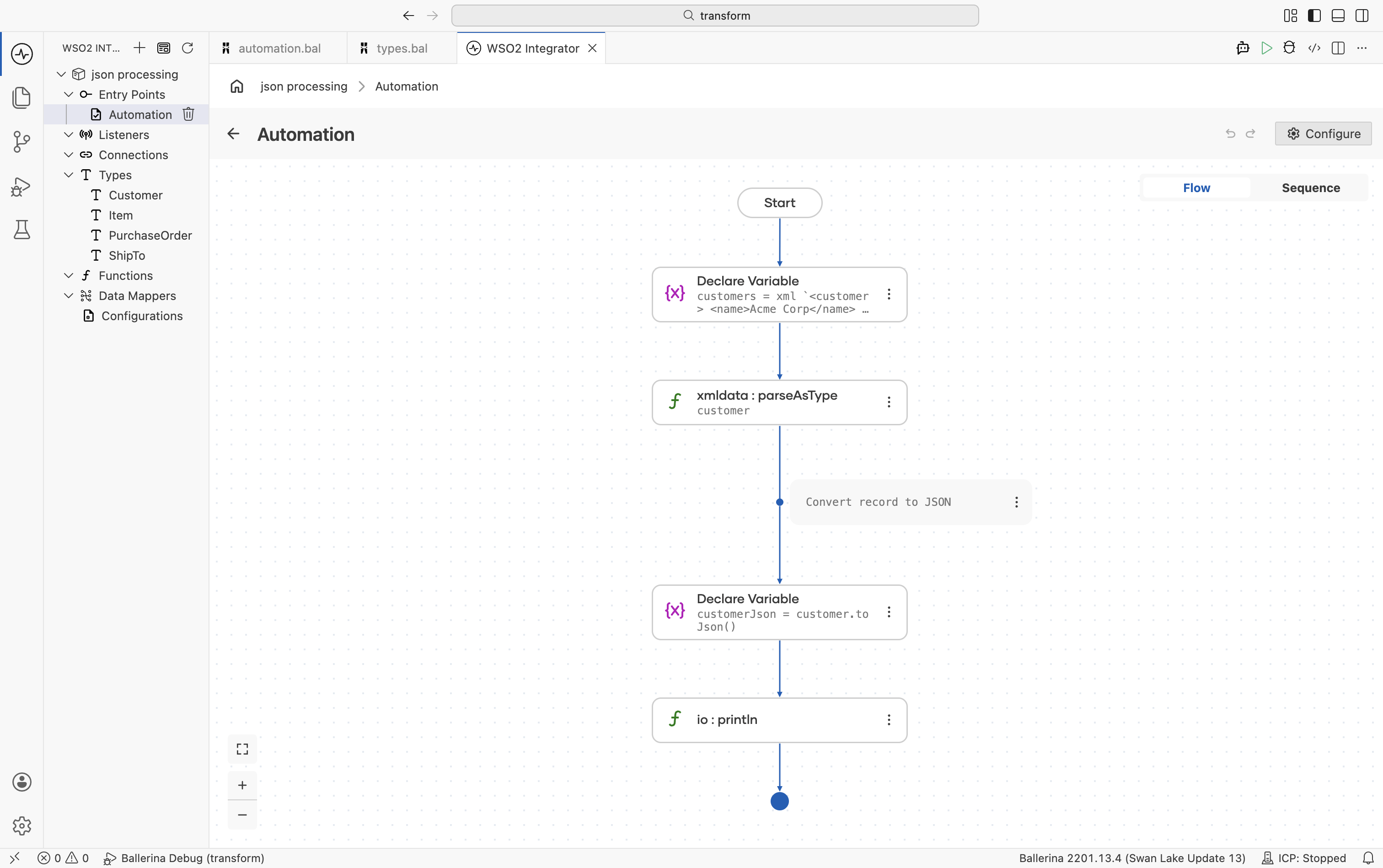 Flow designer showing the XML parse, mapOrder, and toJson return steps in sequence
