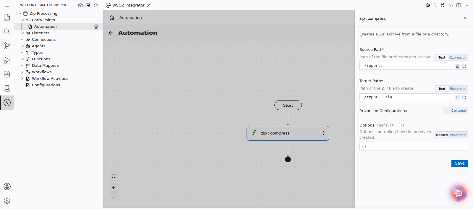 The zip : compress configuration form showing Source Path, Target Path, and the Options record under Advanced Configurations