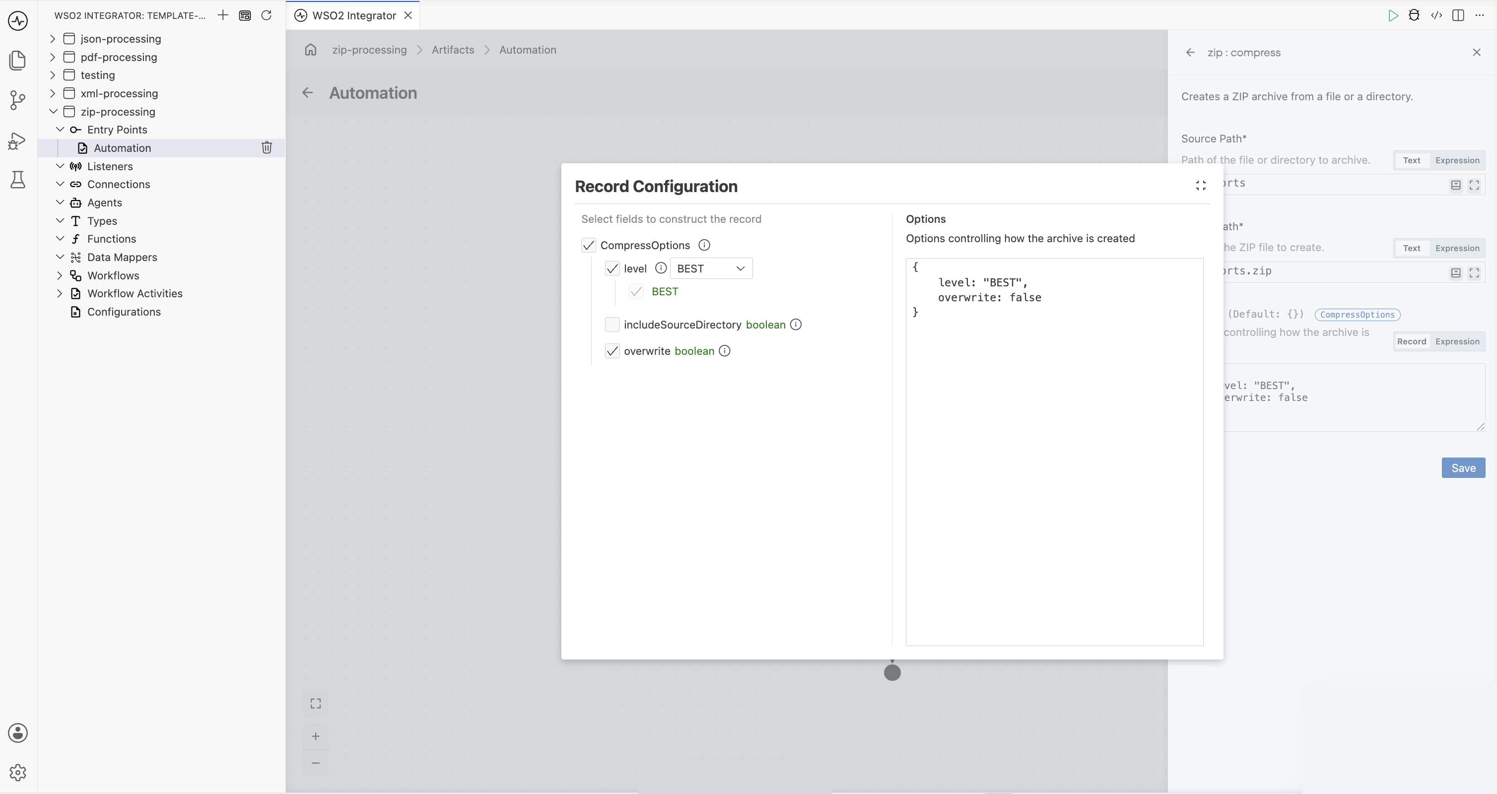 The Record Configuration dialog for CompressOptions showing level set to BEST, includeSourceDirectory unchecked, and overwrite checked