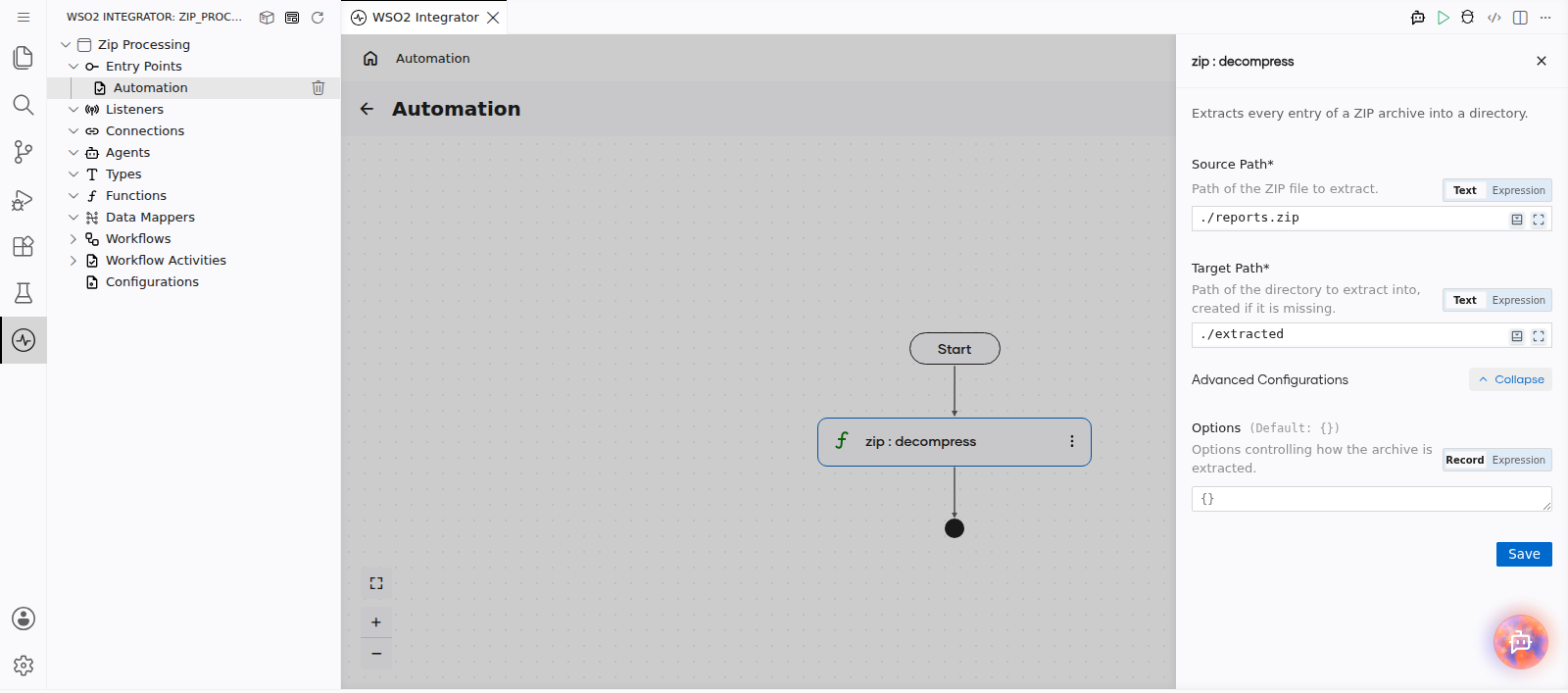 The zip : decompress configuration form with Advanced Configurations expanded to show the Options record